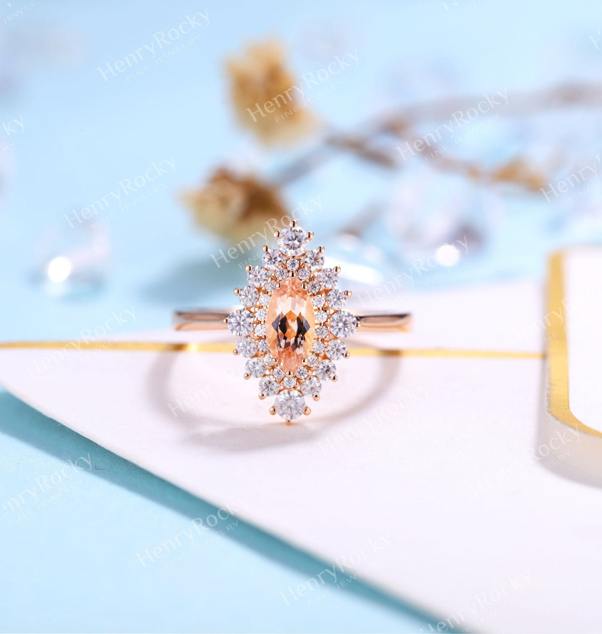 Antique Morganite engagement ring rose gold women | Vintage Marquise cut wedding ring |  Unique Halo Bridal ring | Anniversary gift for her