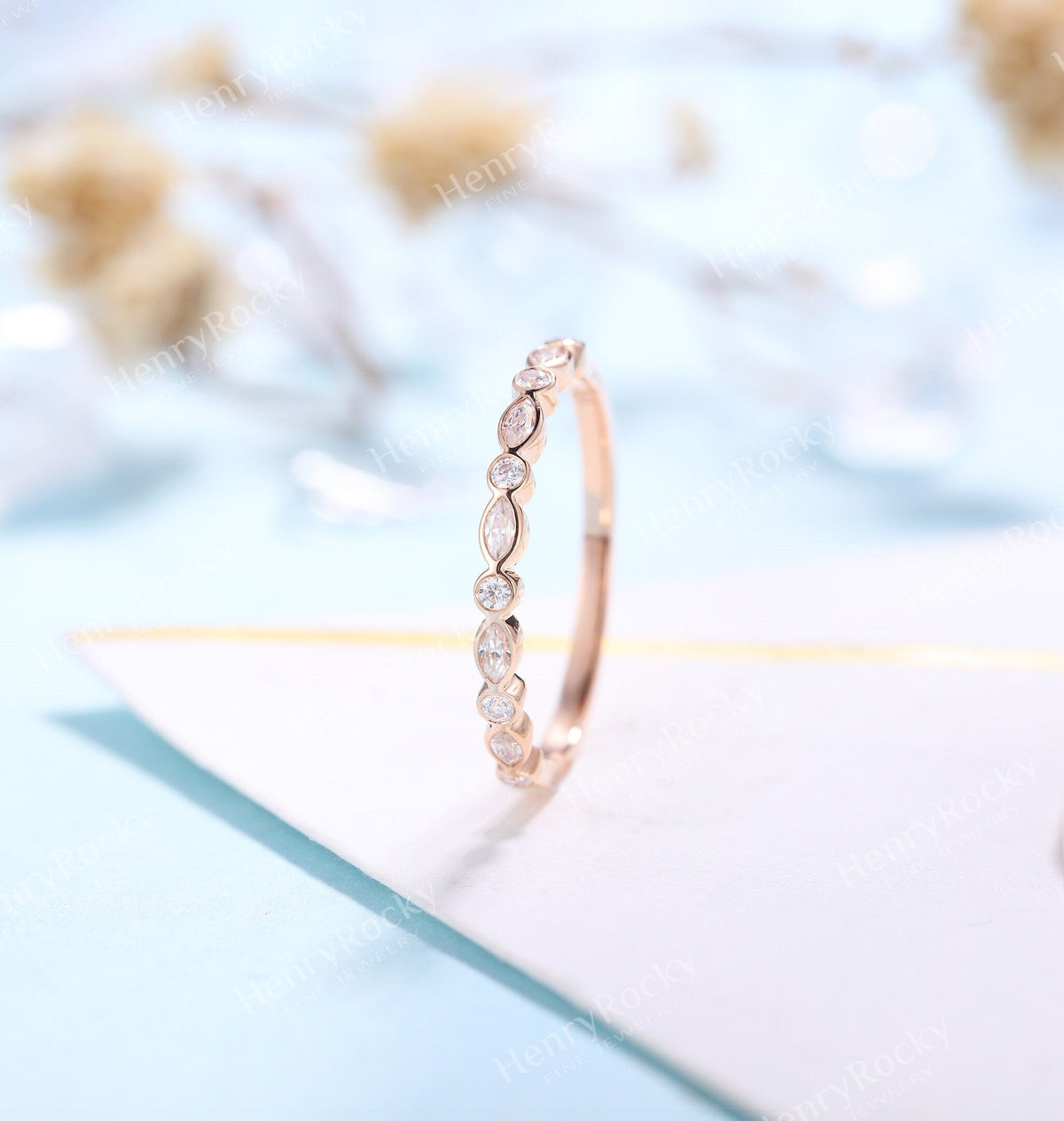 Art deco Moissanite Wedding Band Women | Vintage Marquise cut Matching Bridal Jewelry | Half eternity Promise Ring Anniversary Gift for her