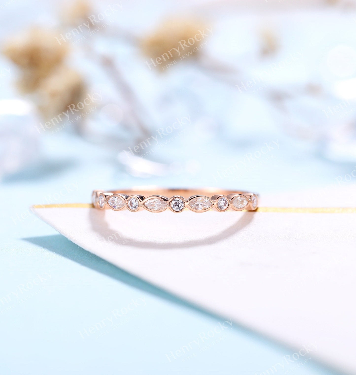 Art deco Moissanite Wedding Band Women | Vintage Marquise cut Matching Bridal Jewelry | Half eternity Promise Ring Anniversary Gift for her