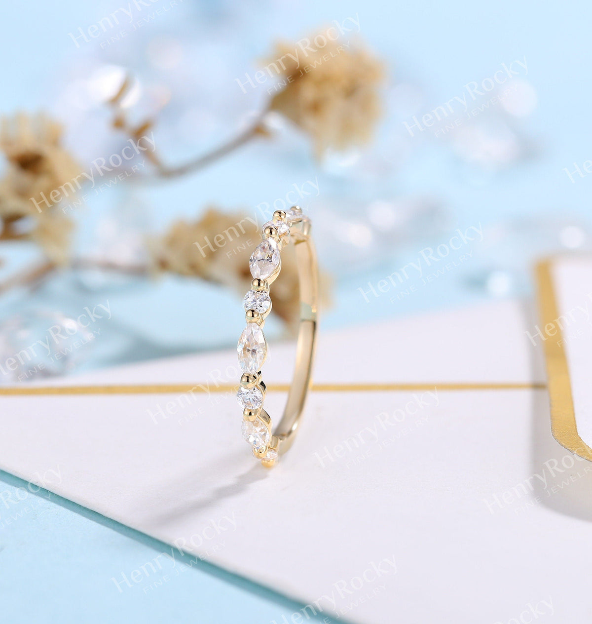 Art deco Moissanite Wedding Band Women | Vintage Marquise cut Matching Bridal Jewelry | Half eternity Promise Ring Anniversary Gift for her