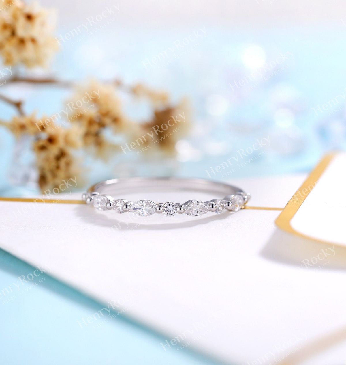 Art deco Moissanite Wedding Band Women | Vintage Marquise cut Matching Bridal Jewelry | Half eternity Promise Ring Anniversary Gift for her
