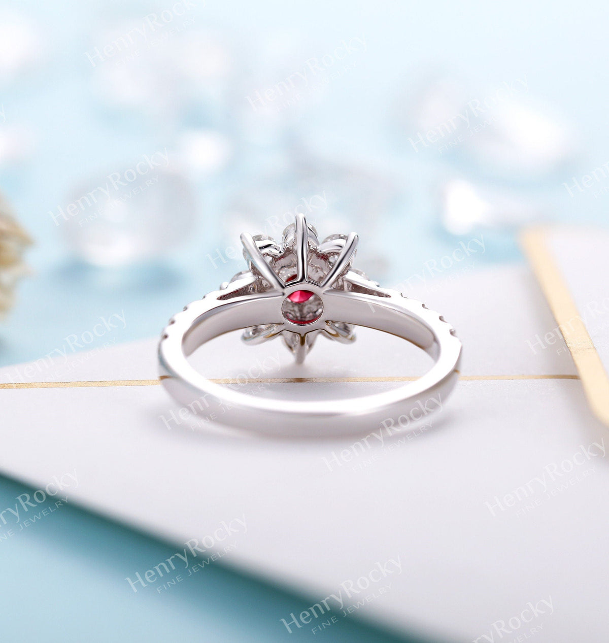 Engagement Ring White Gold Women | Unique Lab ruby/Lab sapphire bridal ring | Art deco Moissanite jewelry | vintage anniversary gift for her