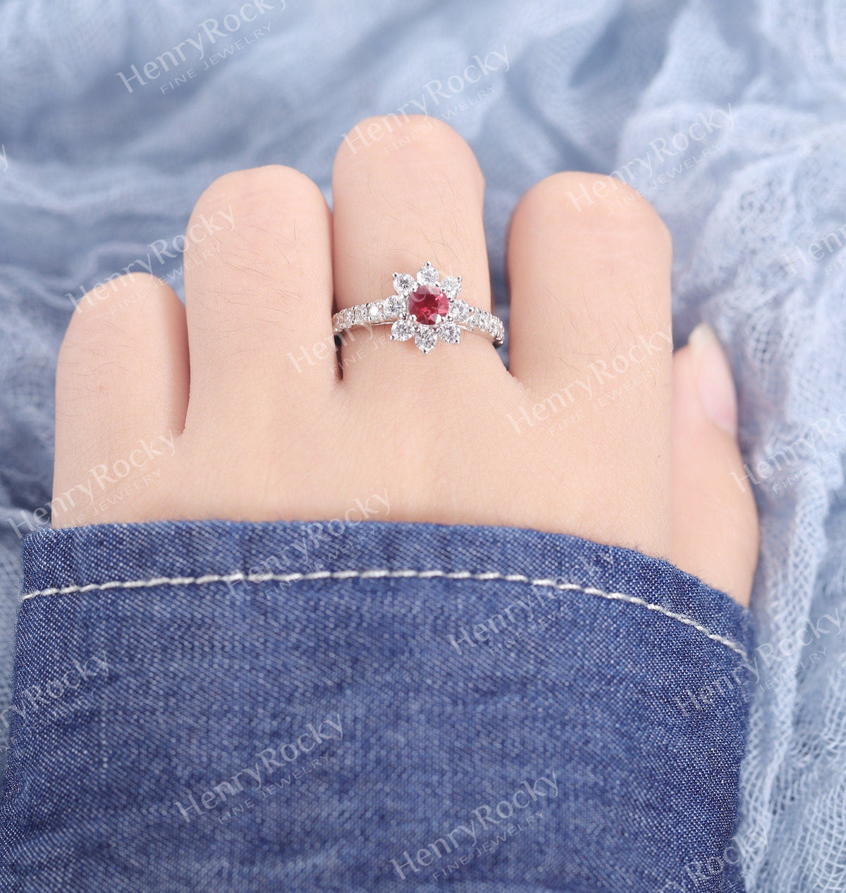 Engagement Ring White Gold Women | Unique Lab ruby/Lab sapphire bridal ring | Art deco Moissanite jewelry | vintage anniversary gift for her