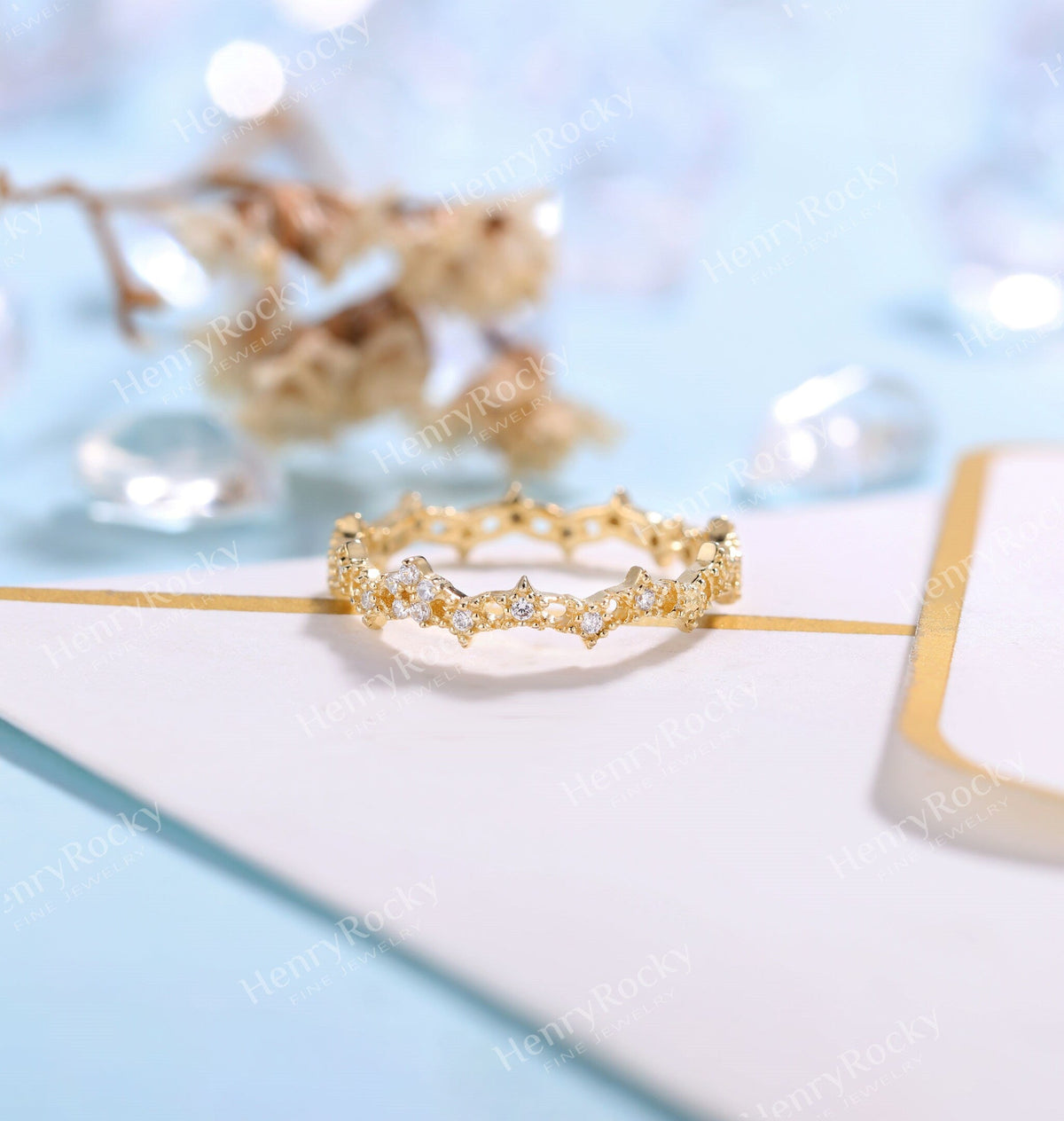 Delicate Diamond wedding band women | yellow gold band | unique bridal ring | floral wedding ring| promise ring anniversary gift for her