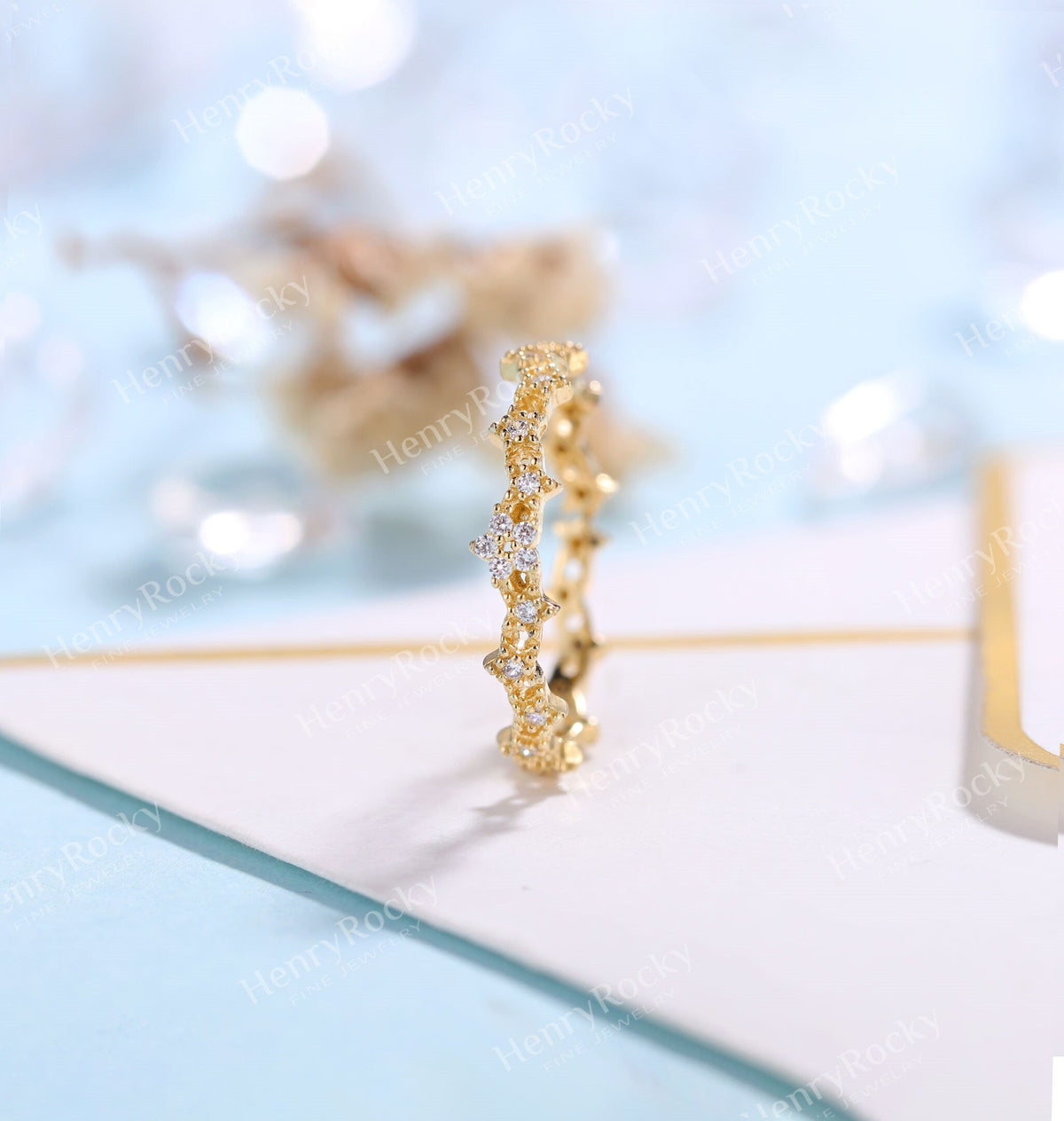 Delicate Diamond wedding band women | yellow gold band | unique bridal ring | floral wedding ring| promise ring anniversary gift for her