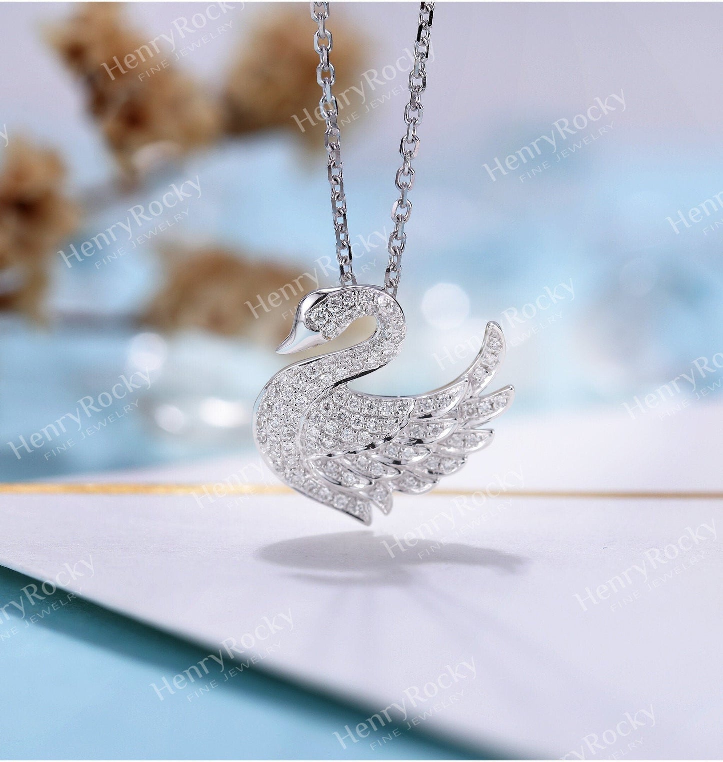 Diamond Pendant necklace women | Charm micro pave Swan Necklace | Unique necklace | Solid white gold necklace | Anniversary necklace