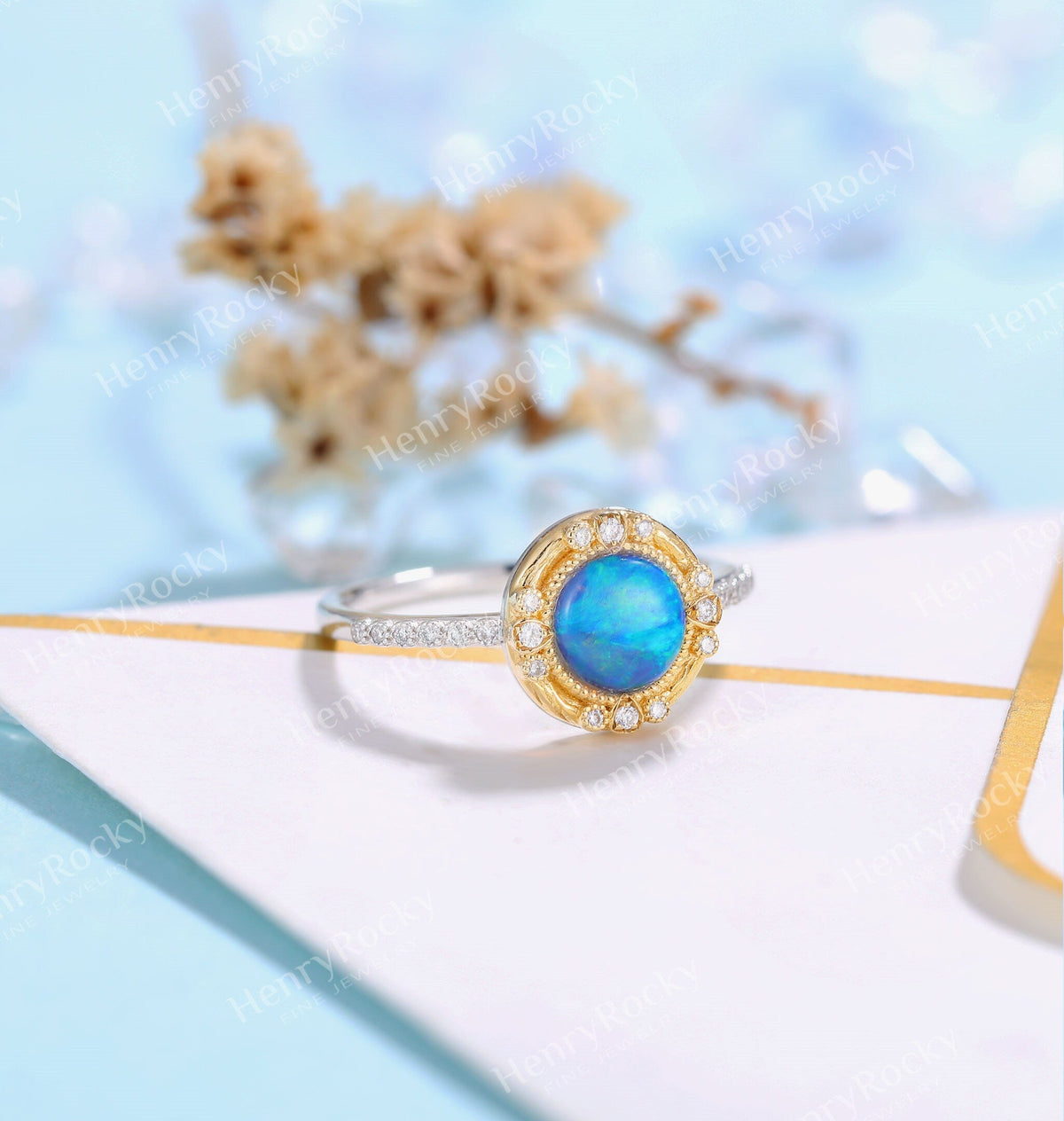 Art deco Opal Engagement Ring White gold Women | Antique Diamond half eternity Bridal Jewelry |Unique Promise Ring Anniversary Gifts for Her