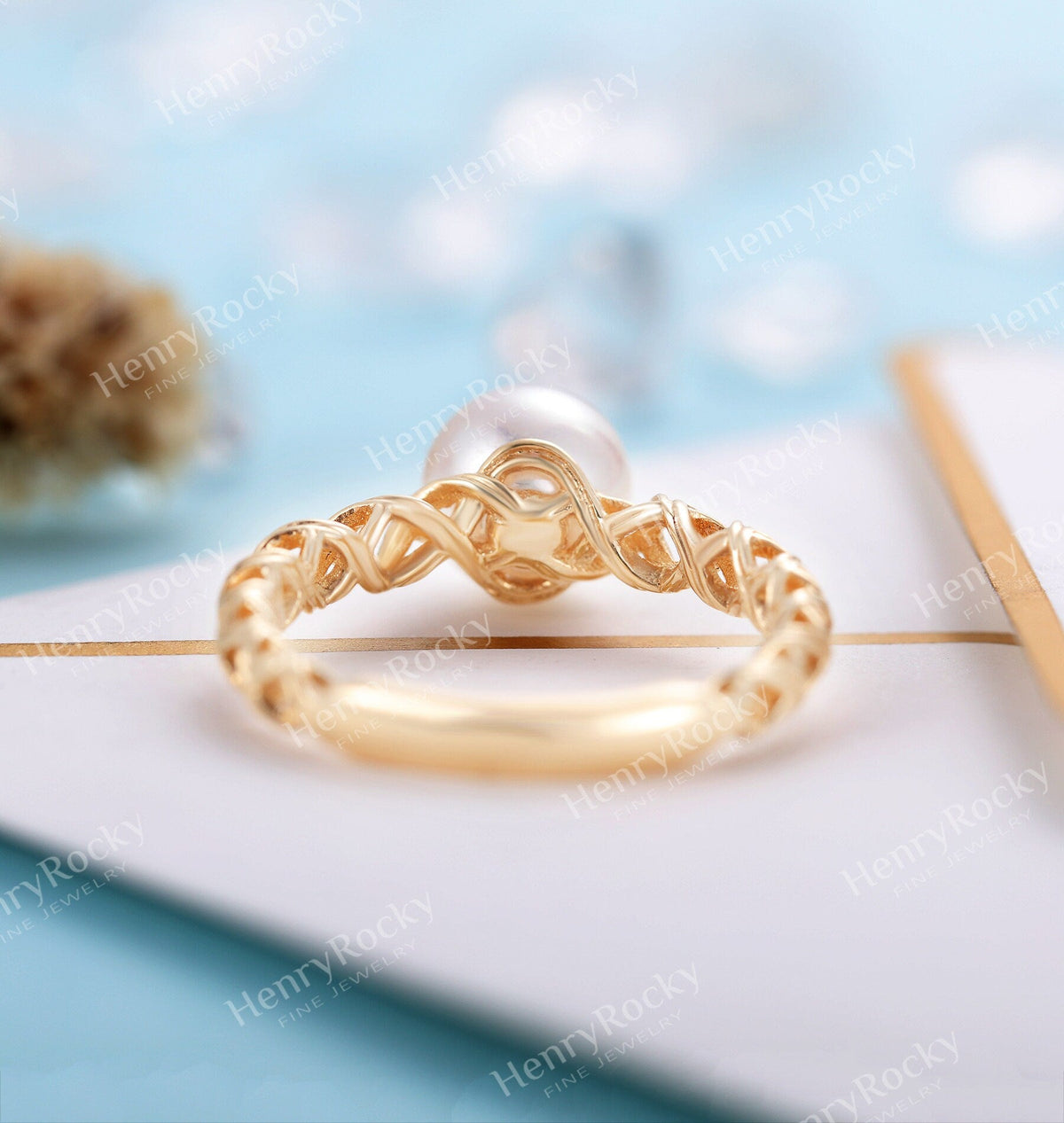 Art deco Akoya Pearl Engagement Ring Yellow gold Women | Unique Vintage Twisted Birthstone Bridal ring | Promise Ring Anniversary ring