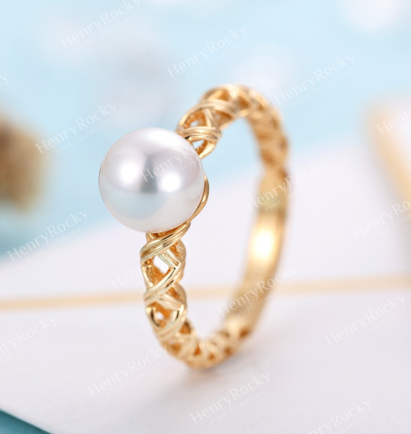 Art deco Akoya Pearl Engagement Ring Yellow gold Women | Unique Vintage Twisted Birthstone Bridal ring | Promise Ring Anniversary ring