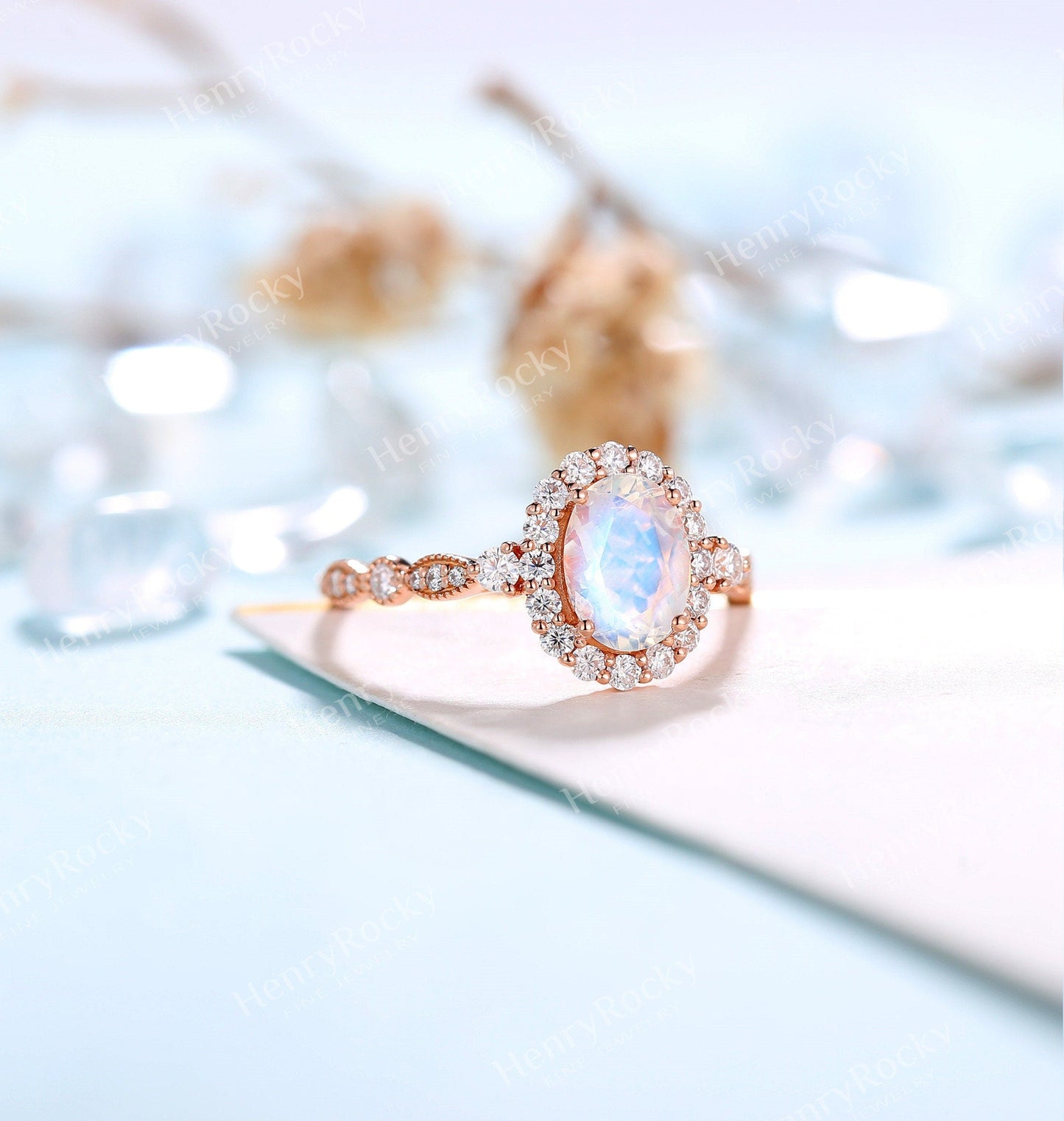 Moonstone engagement ring rose gold women | Vintage Halo wedding ring |  Art deco Moissanite jewelry Bridal ring | Anniversary gift for her