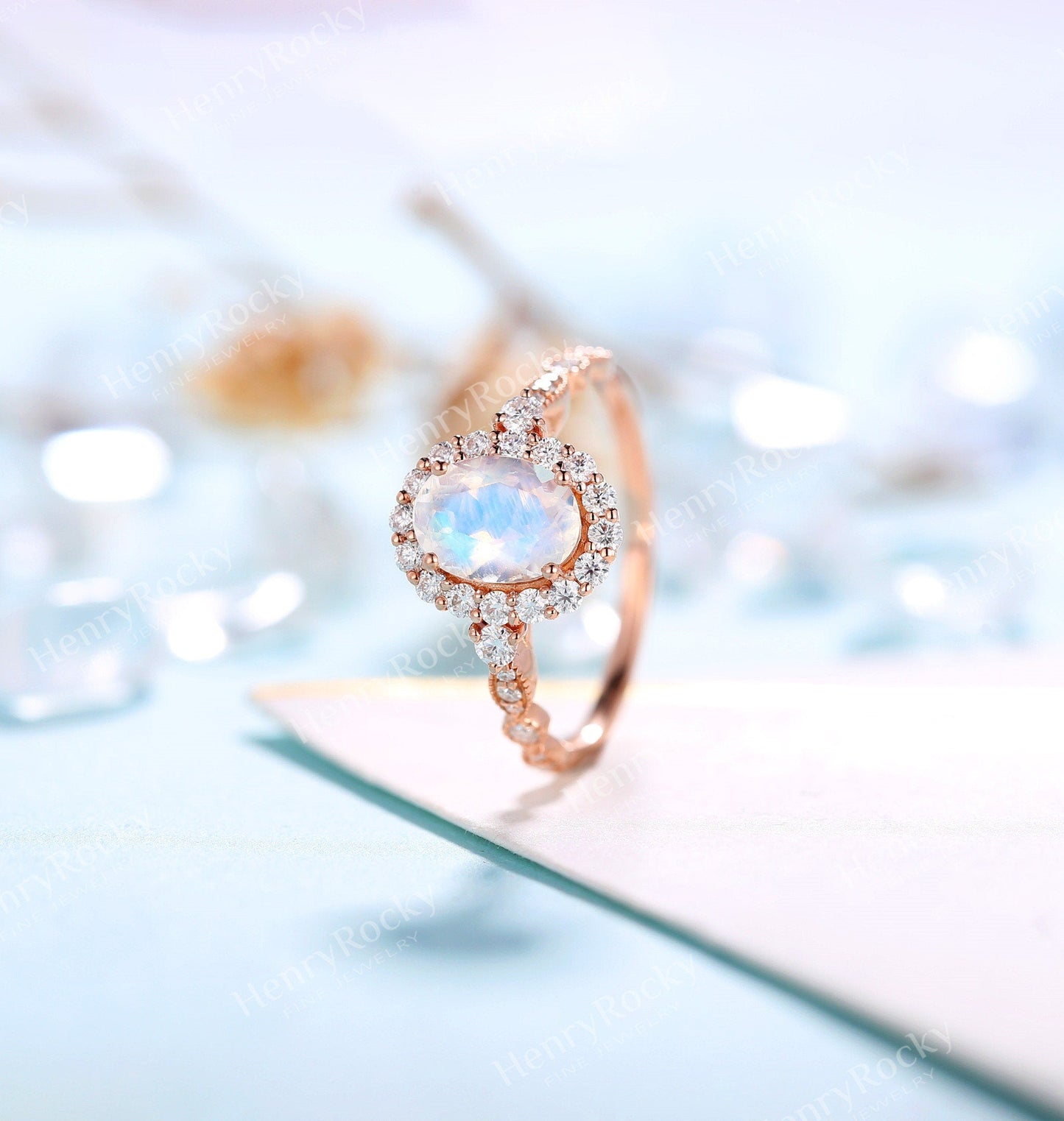 Moonstone engagement ring rose gold women | Vintage Halo wedding ring |  Art deco Moissanite jewelry Bridal ring | Anniversary gift for her