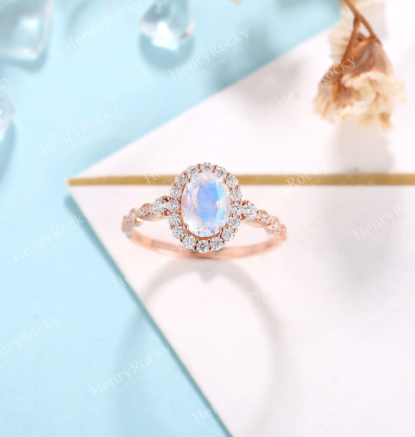 Moonstone engagement ring rose gold women | Vintage Halo wedding ring |  Art deco Moissanite jewelry Bridal ring | Anniversary gift for her