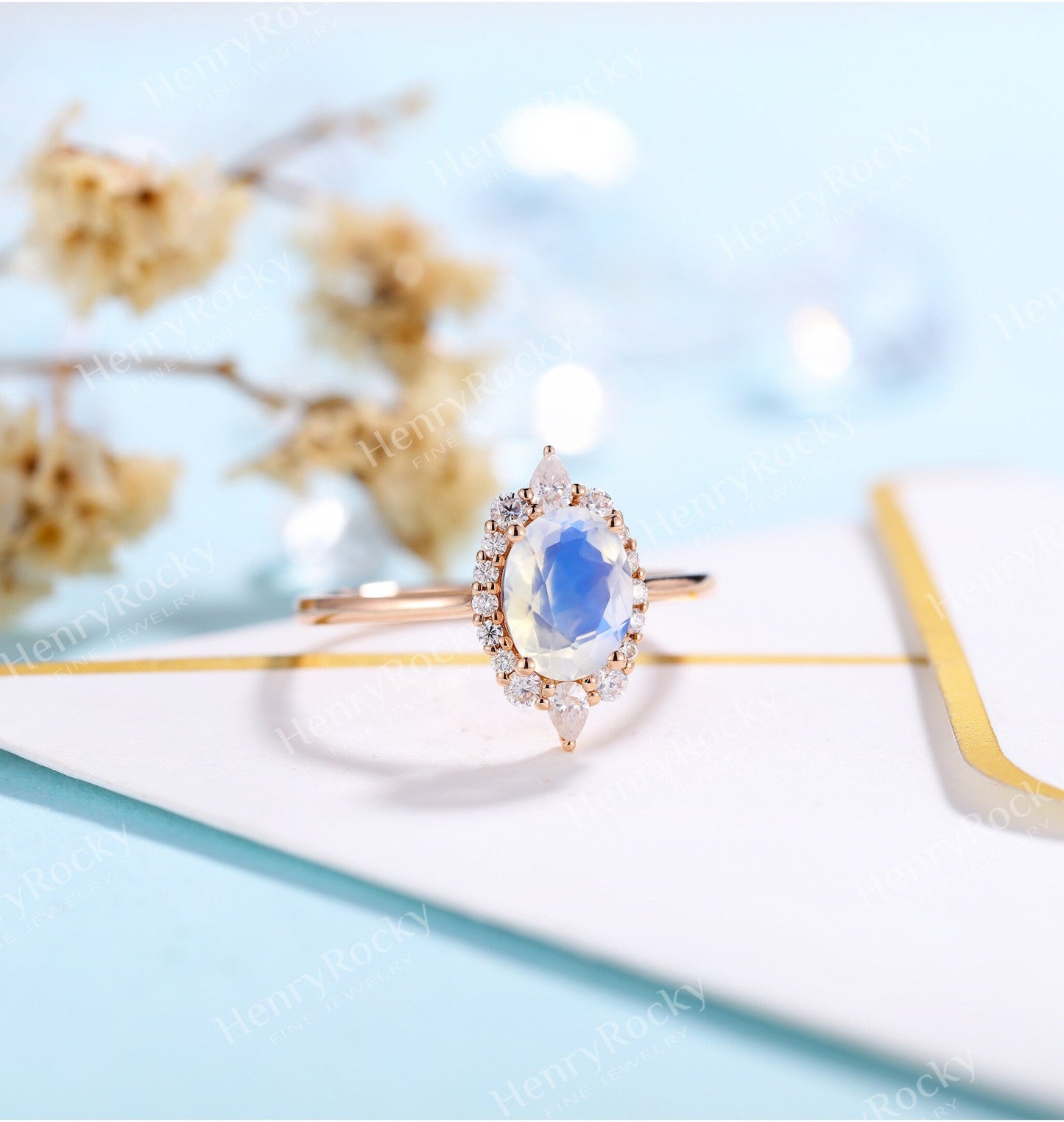 Antique Moonstone engagement ring rose gold women | Vintage floral wedding ring |  Unique jewelry Bridal ring | Anniversary gift for her