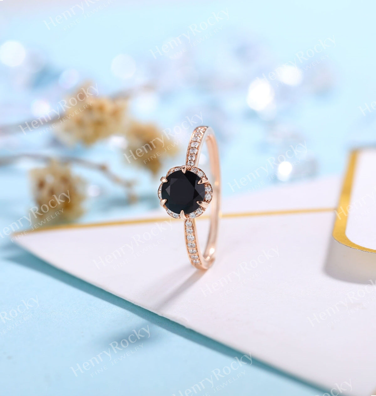 Black Onyx Engagement Ring rose gold Women | Antique prong set Bridal Jewelry | Unique half eternity Diamond Ring | Anniversary Gift for Her