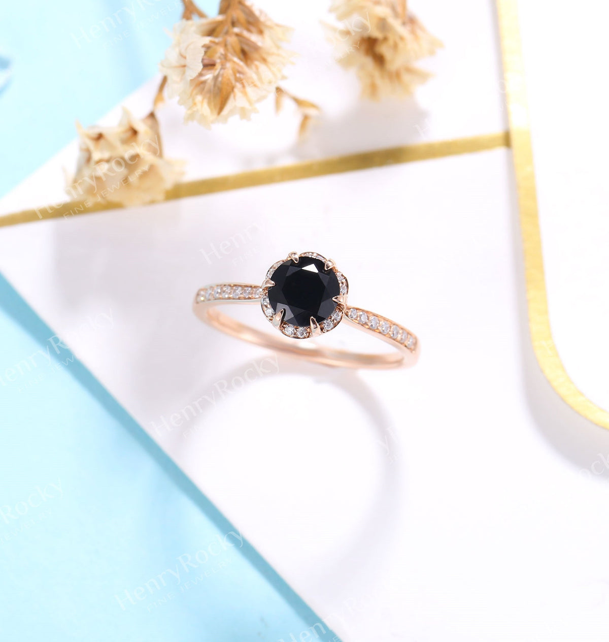 Black Onyx Engagement Ring rose gold Women | Antique prong set Bridal Jewelry | Unique half eternity Diamond Ring | Anniversary Gift for Her