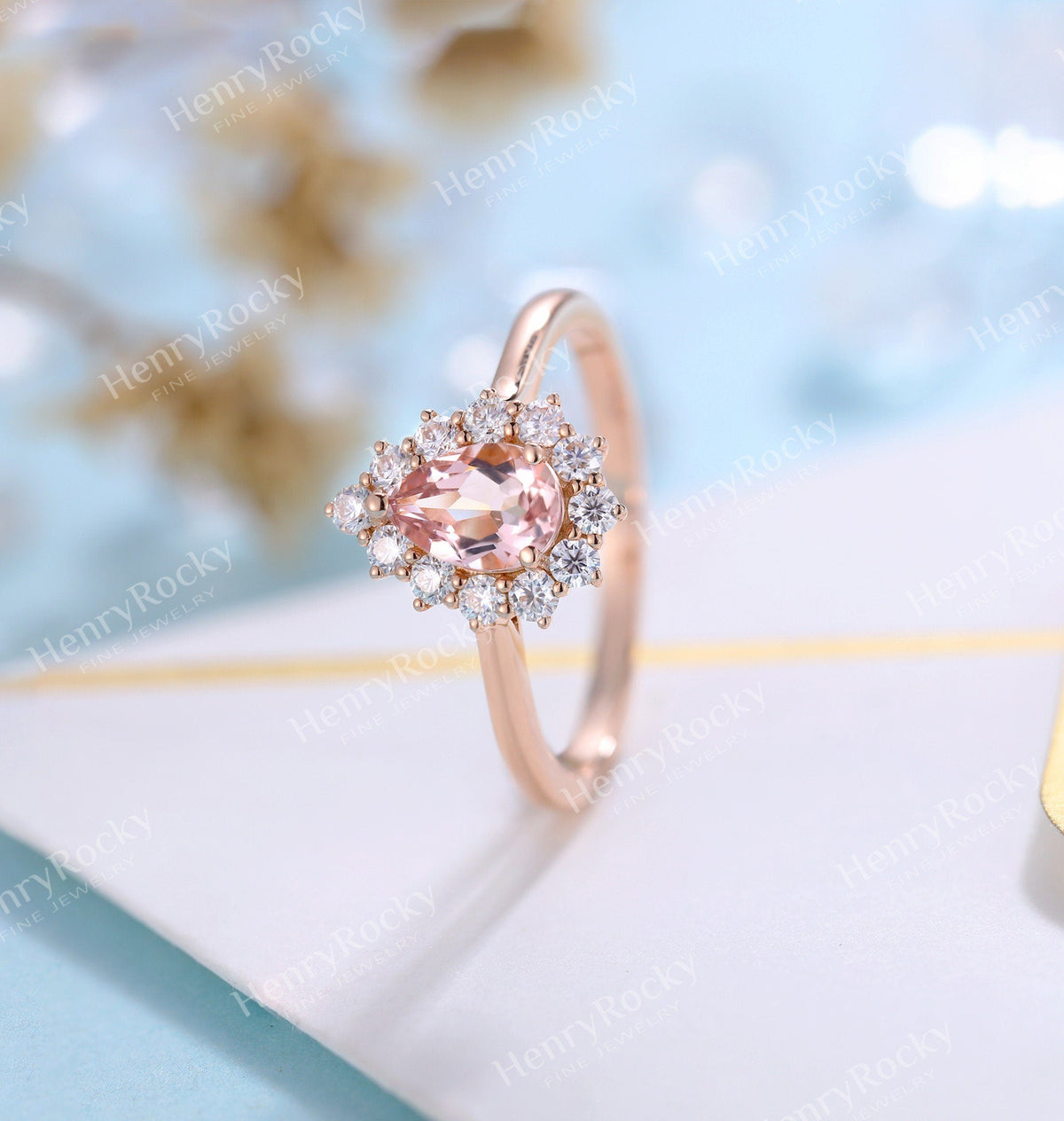 Antique Morganite engagement ring rose gold women | Vintage pear shaped wedding ring |  Unique Halo Bridal ring | Anniversary gift for her