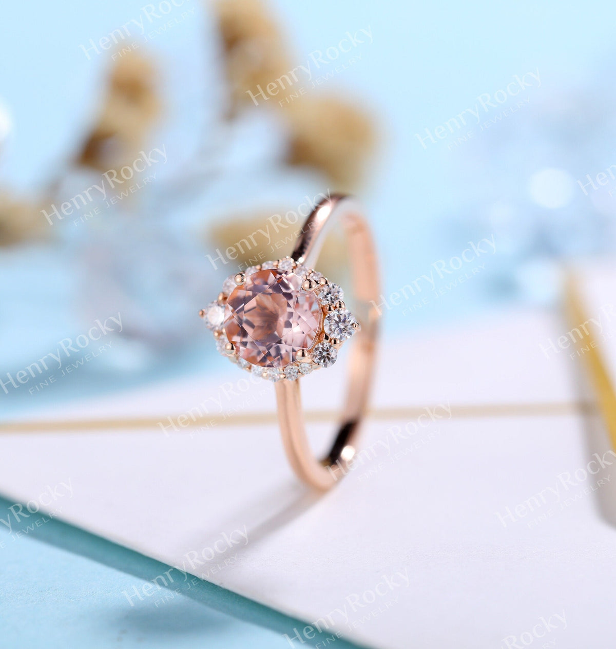 Antique Morganite engagement ring rose gold women | Vintage round cut wedding ring |  Unique Halo Bridal ring | Anniversary gift for her