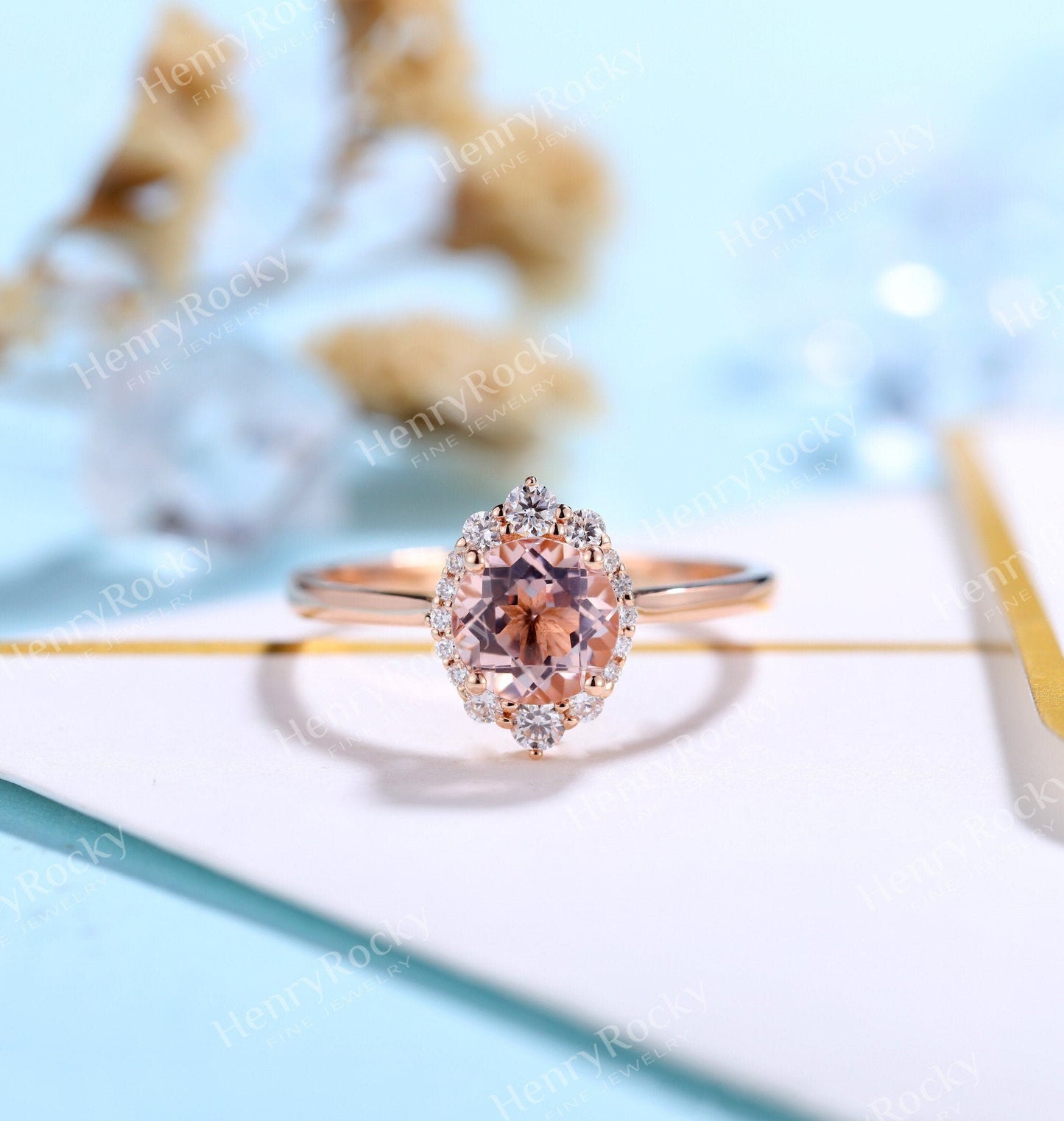 Antique Morganite engagement ring rose gold women | Vintage round cut wedding ring |  Unique Halo Bridal ring | Anniversary gift for her