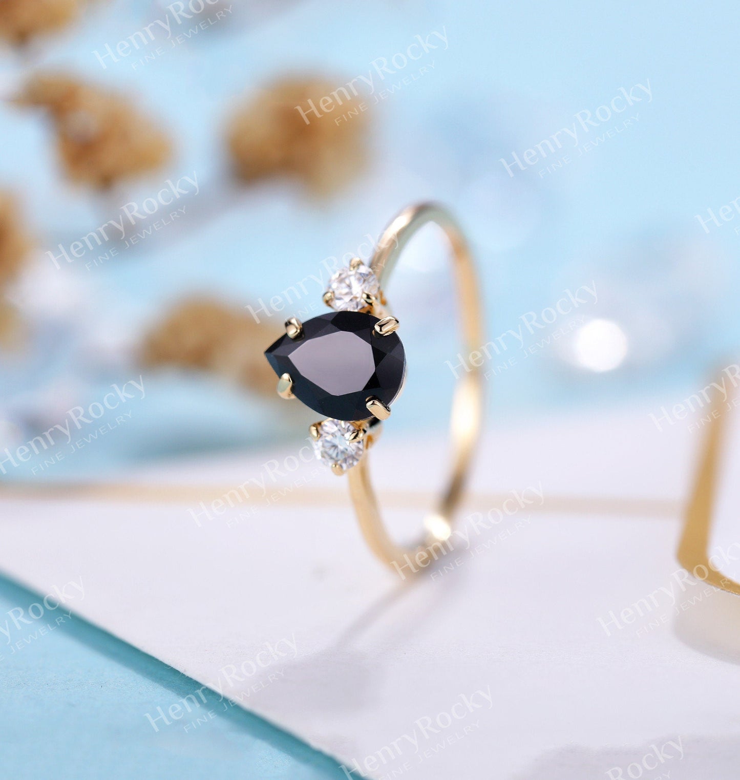 Black Onyx Engagement Ring pear shaped Women | Antique Yellow gold Bridal Jewelry | Art deco Diamond Ring | Unique Anniversary Gift for Her