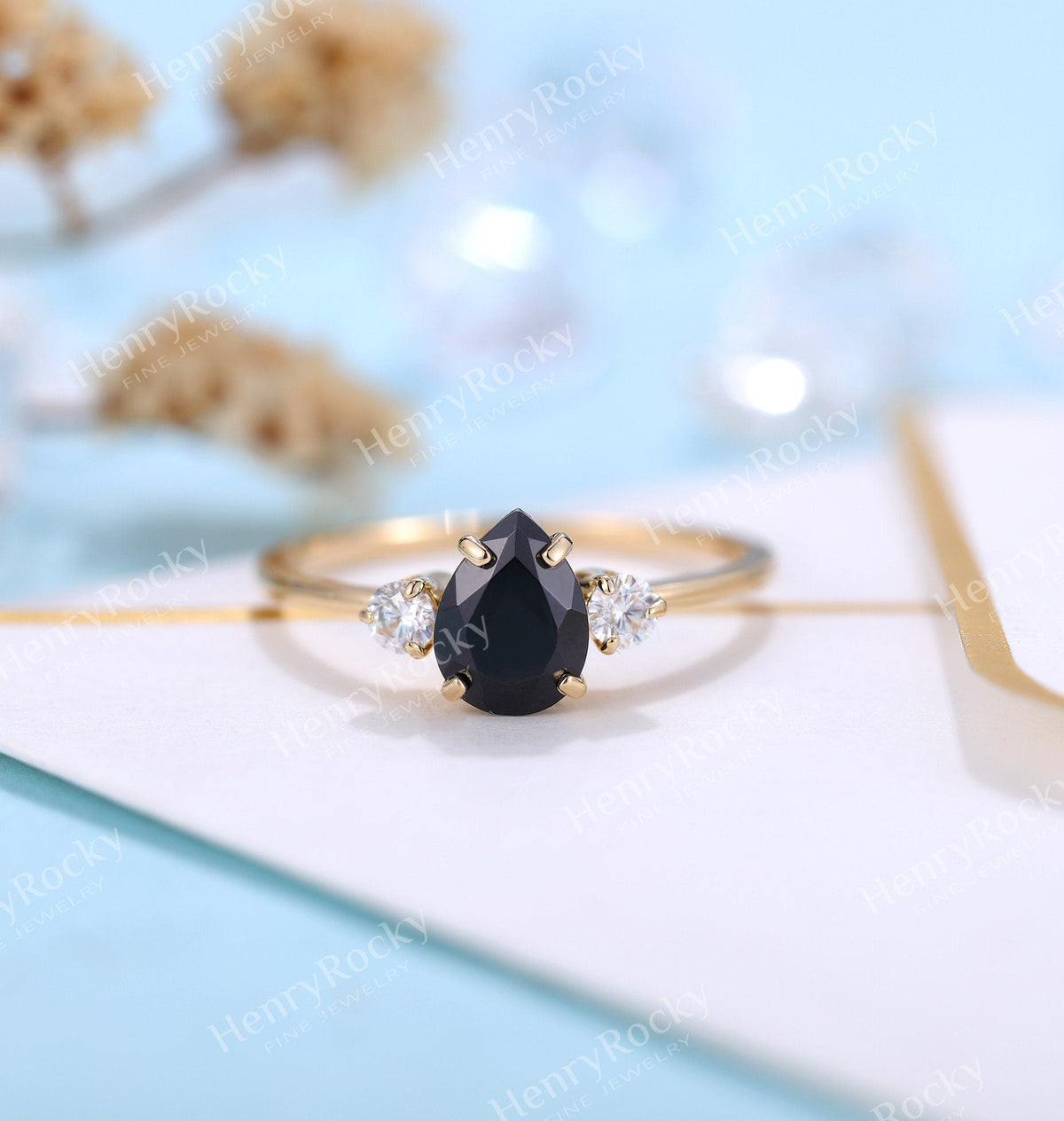 Black Onyx Engagement Ring pear shaped Women | Antique Yellow gold Bridal Jewelry | Art deco Diamond Ring | Unique Anniversary Gift for Her