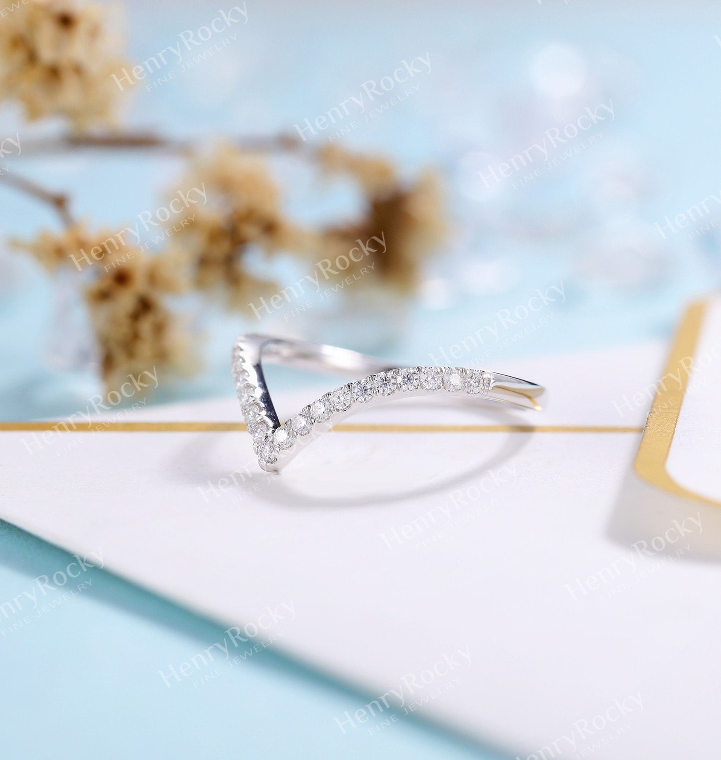 Art deco Moissanite Wedding Band Women | white gold band | curved half eternity Bridal Jewelry | Vintage promise Anniversary Gift for her