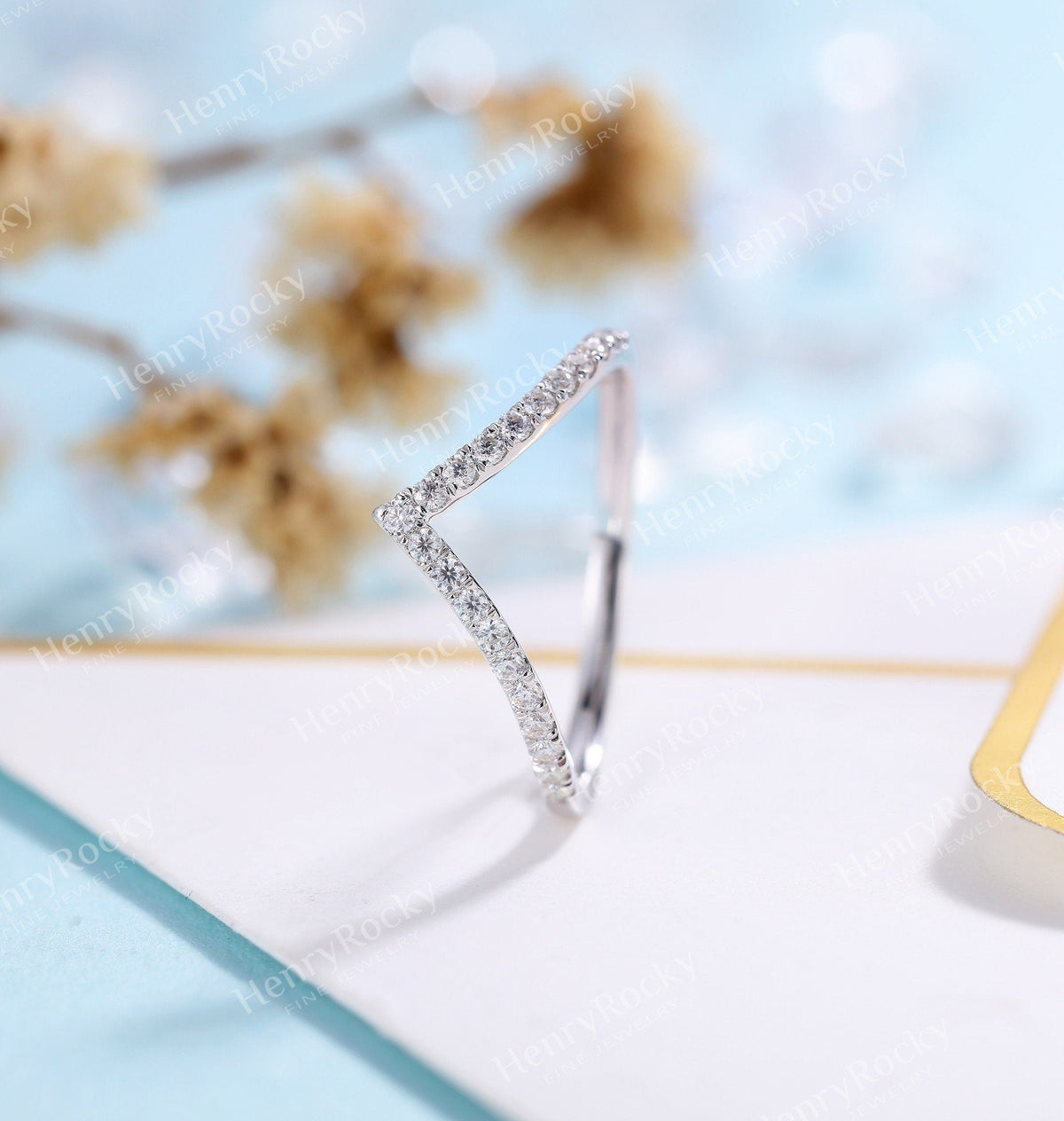 Art deco Moissanite Wedding Band Women | white gold band | curved half eternity Bridal Jewelry | Vintage promise Anniversary Gift for her