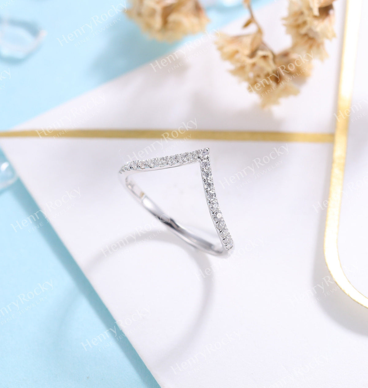 Art deco Moissanite Wedding Band Women | white gold band | curved half eternity Bridal Jewelry | Vintage promise Anniversary Gift for her