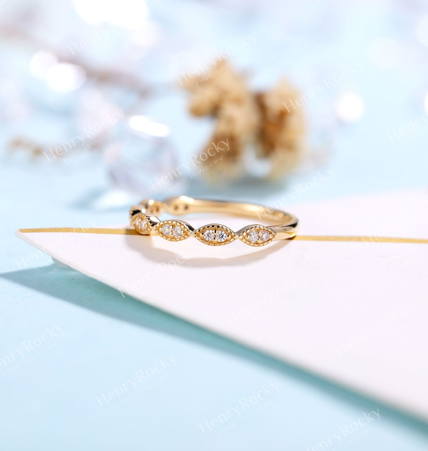 Diamond/Moissanite yellow gold wedding band women | vintage milgrain stacking matching bridal jewelry |promise ring anniversary gift for her