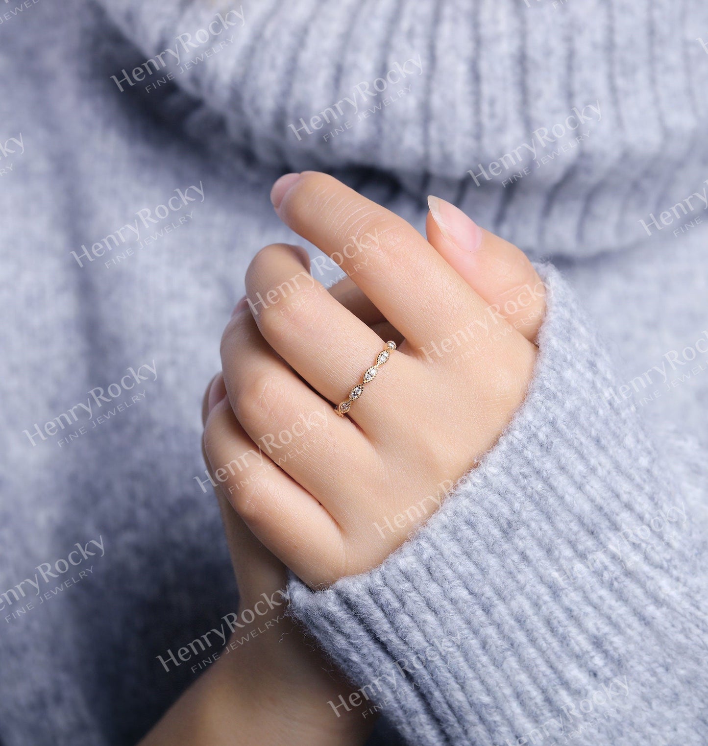 Diamond/Moissanite yellow gold wedding band women | vintage milgrain stacking matching bridal jewelry |promise ring anniversary gift for her