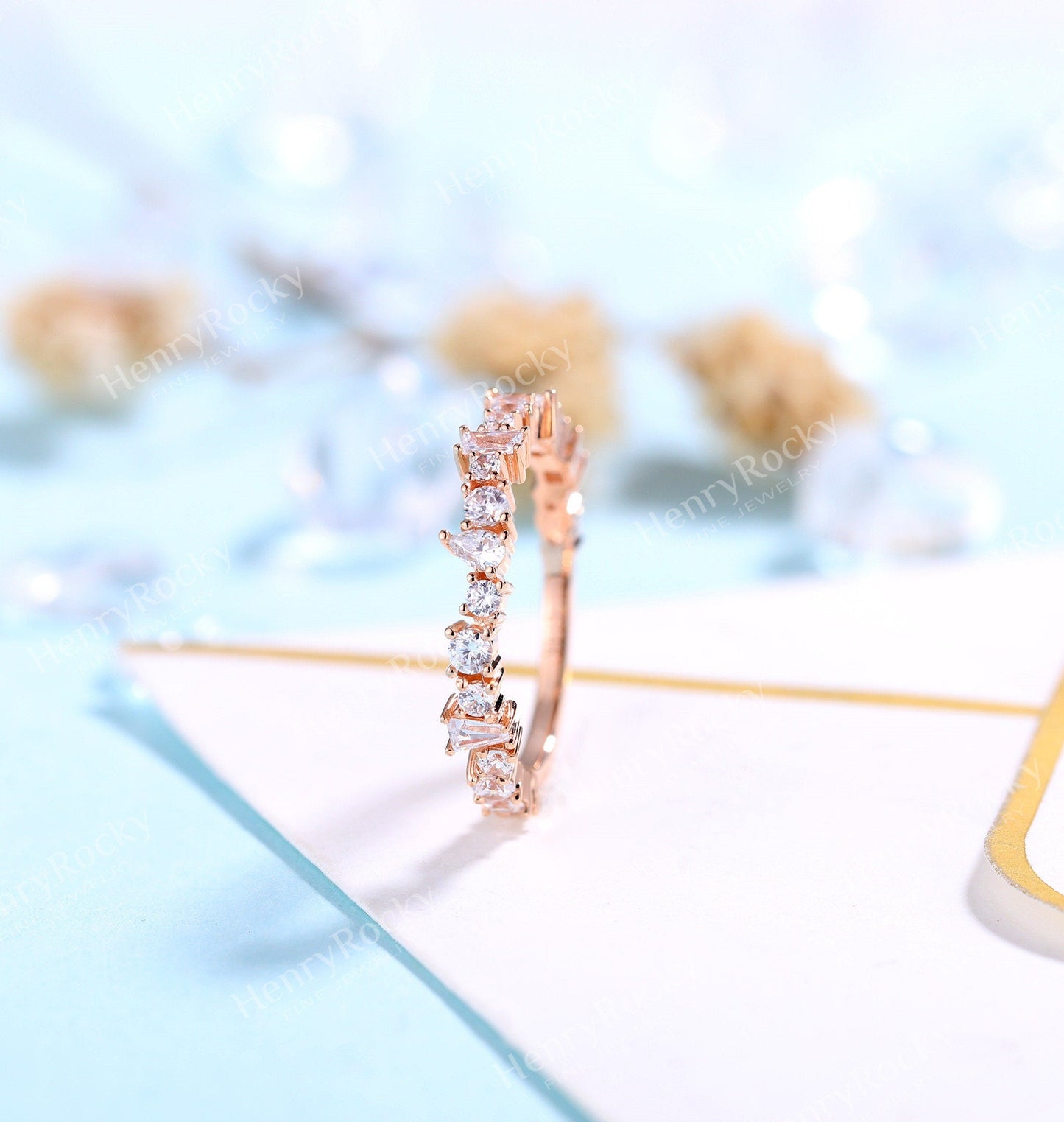Antique Wedding Band Rose Gold Women | Vintage CZ Stacking Matching Art deco Jewelry | Unique Promise Ring | Anniversary Gift for her