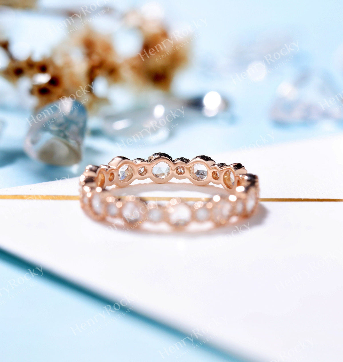 Diamond wedding band women | rose gold band | unique rose cut bridal ring | matching wedding ring | promise ring anniversary gift for her