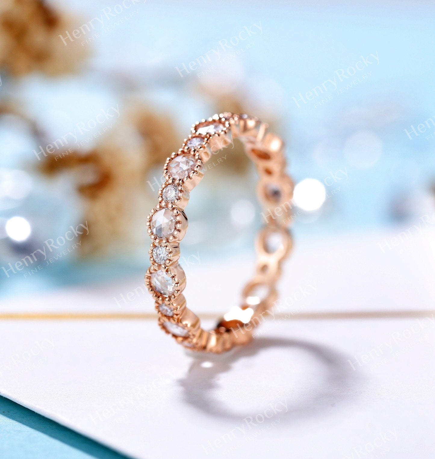Diamond wedding band women | rose gold band | unique rose cut bridal ring | matching wedding ring | promise ring anniversary gift for her