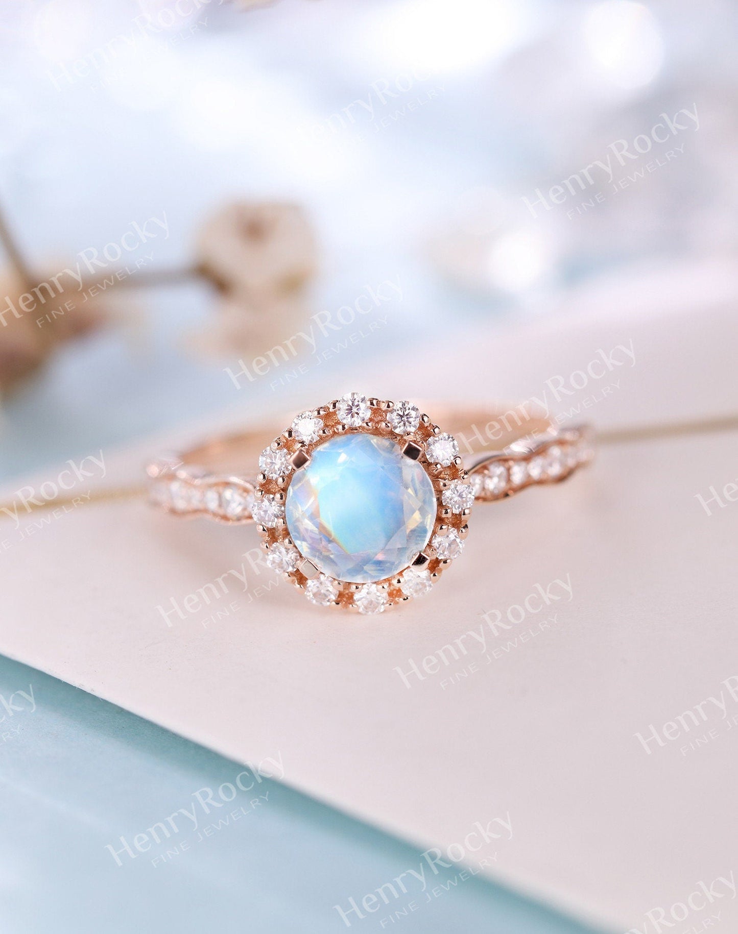 Vintage Moonstone Rose Gold Engagement Ring Women | Antique Half Eternity Halo Bridal Jewelry | Unique Promise Ring Her Anniversary Gifts
