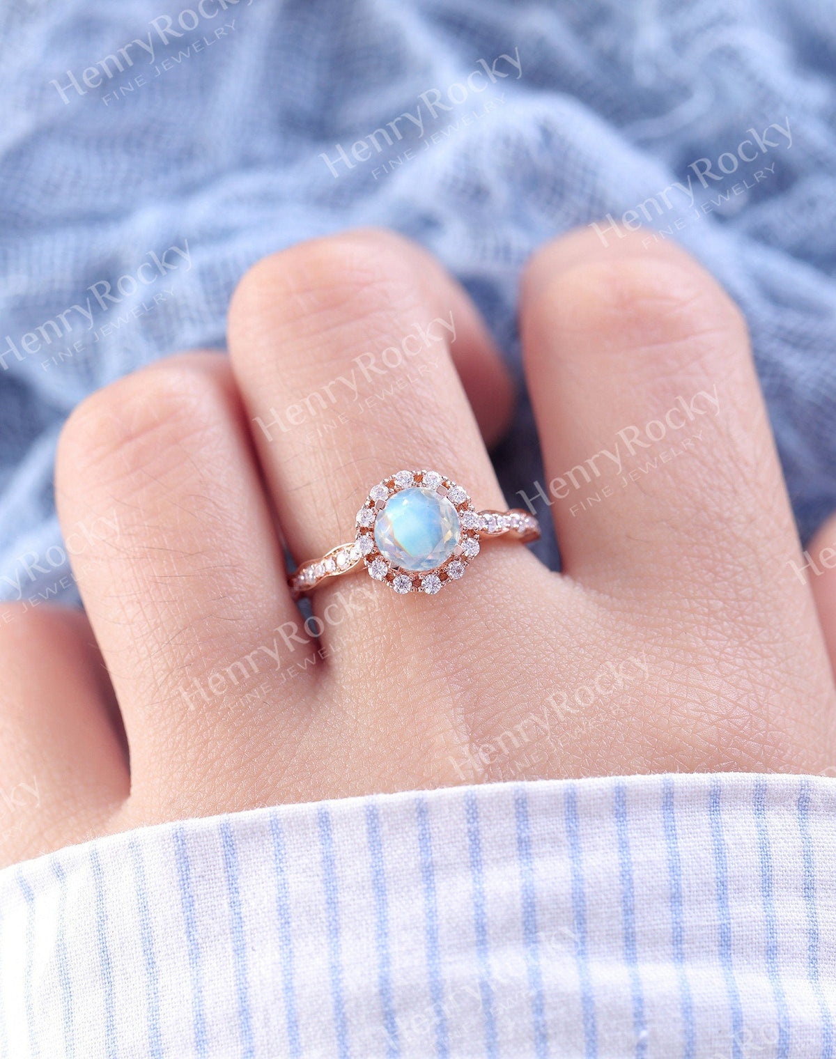 Vintage Moonstone Rose Gold Engagement Ring Women | Antique Half Eternity Halo Bridal Jewelry | Unique Promise Ring Her Anniversary Gifts