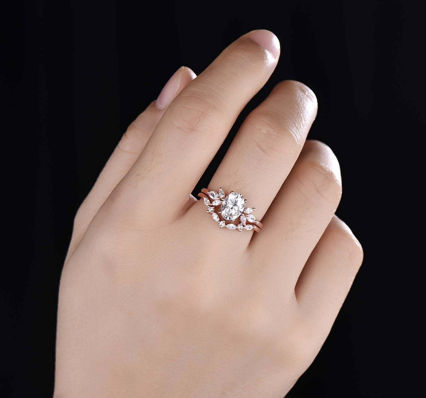 Vintage Moissanite Wedding Ring Set Oval Moissanite Engagement Ring Women Moissanite Stacking Matching Band 14K Rose Gold Half Eternity Ring