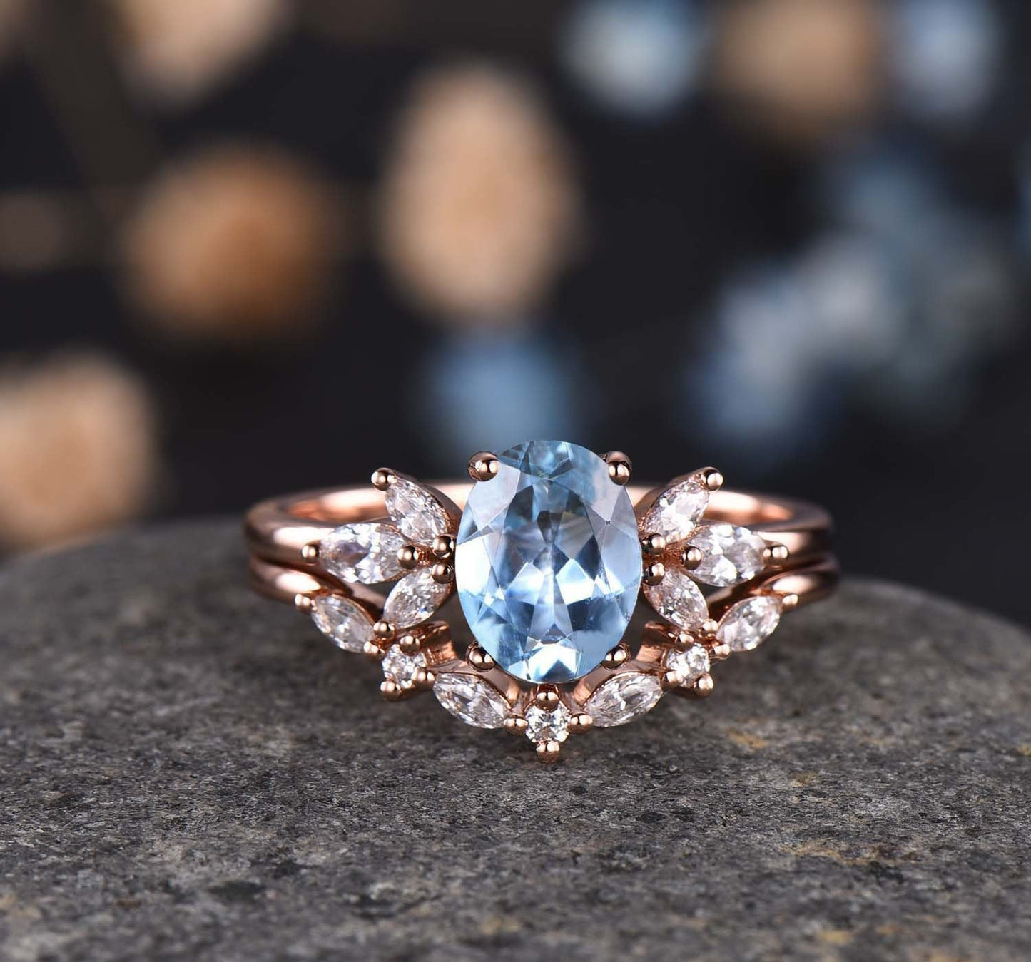 Vintage Moissanite Wedding Ring Set Oval Moissanite Engagement Ring Women Moissanite Stacking Matching Band 14K Rose Gold Half Eternity Ring