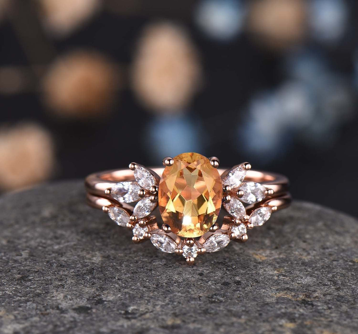 Vintage Moissanite Wedding Ring Set Oval Moissanite Engagement Ring Women Moissanite Stacking Matching Band 14K Rose Gold Half Eternity Ring