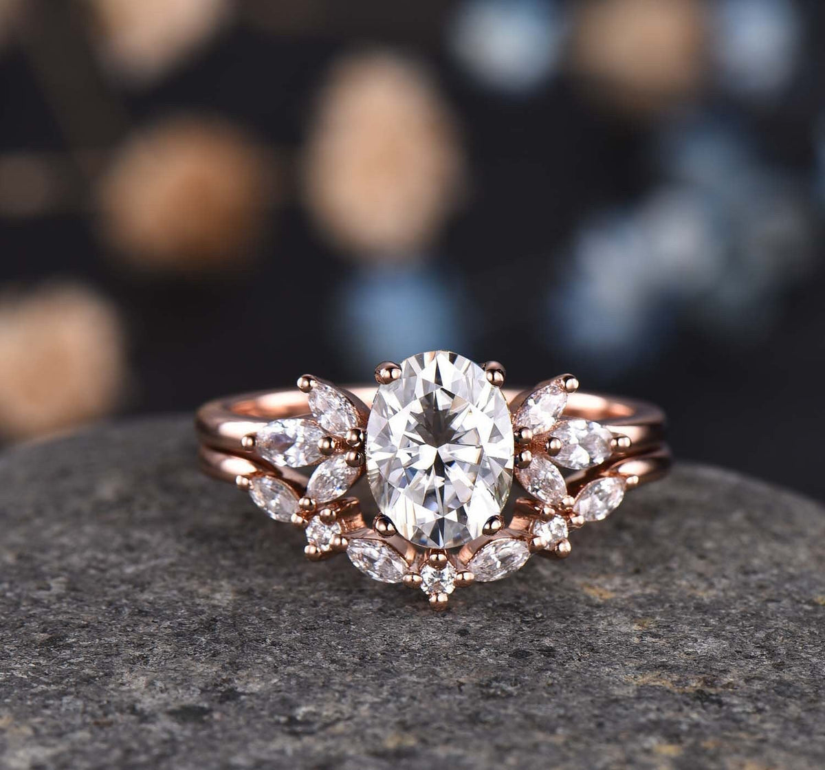 Vintage Moissanite Wedding Ring Set Oval Moissanite Engagement Ring Women Moissanite Stacking Matching Band 14K Rose Gold Half Eternity Ring