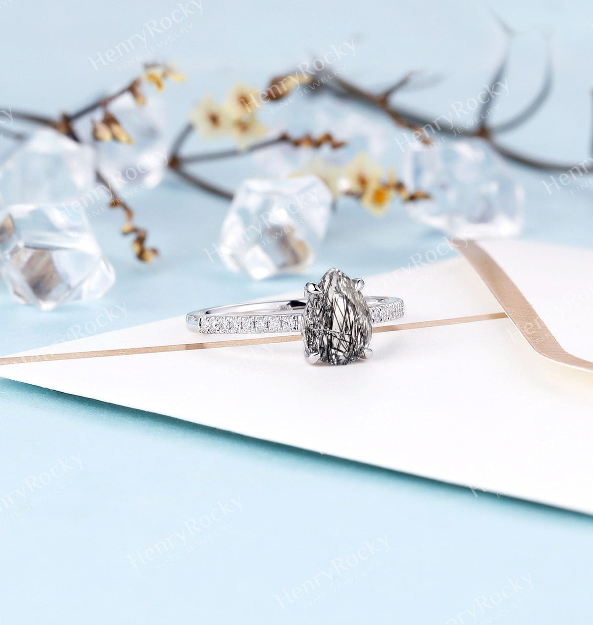 Black Rutilated Quartz Engagement Ring Women |White Gold Band Women |Pear shaped bridal ring |Moissanite wedding jewelry|Vintage Anniversary