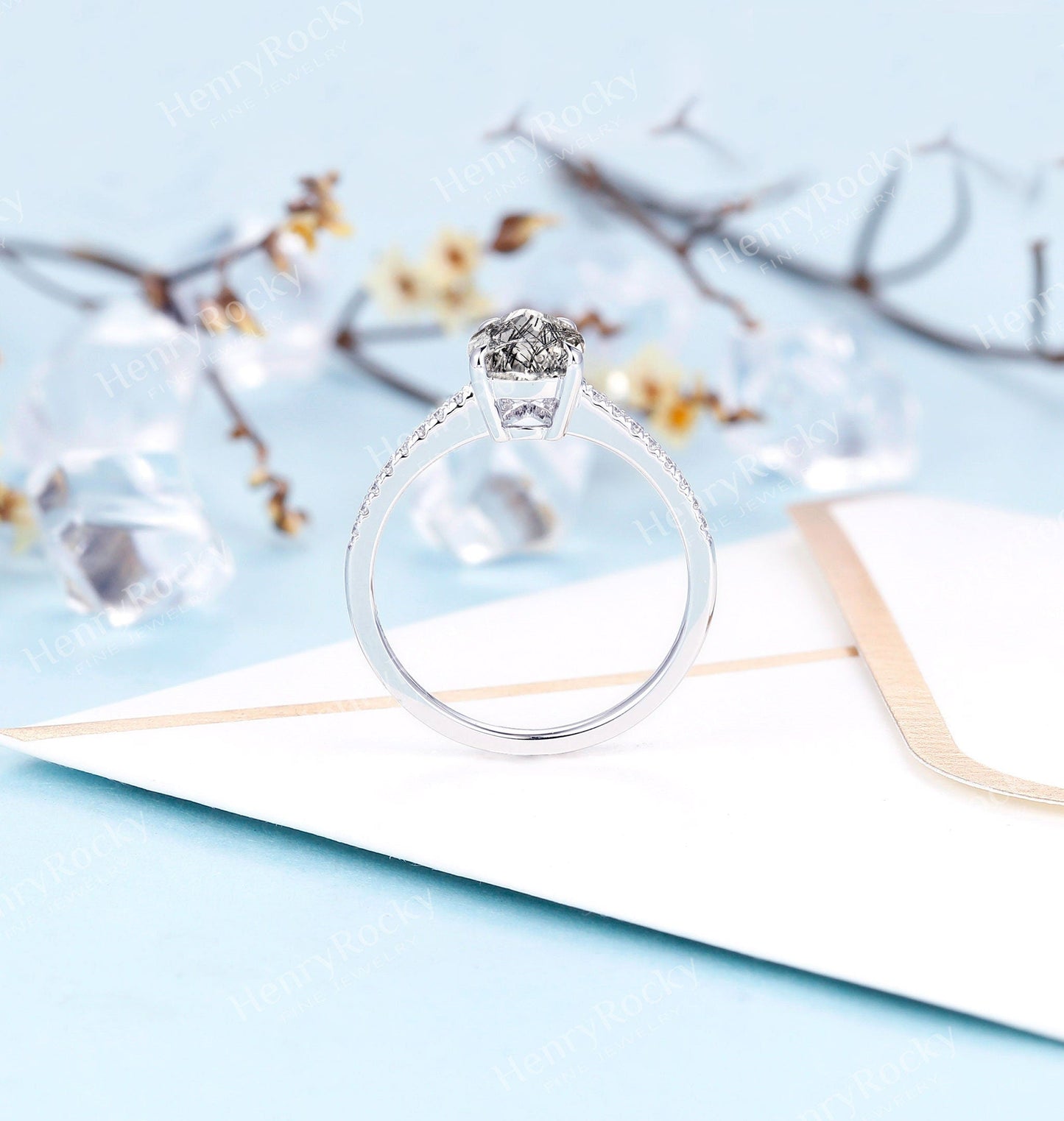 Black Rutilated Quartz Engagement Ring Women |White Gold Band Women |Pear shaped bridal ring |Moissanite wedding jewelry|Vintage Anniversary