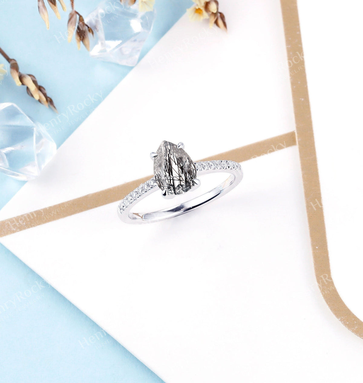 Black Rutilated Quartz Engagement Ring Women |White Gold Band Women |Pear shaped bridal ring |Moissanite wedding jewelry|Vintage Anniversary