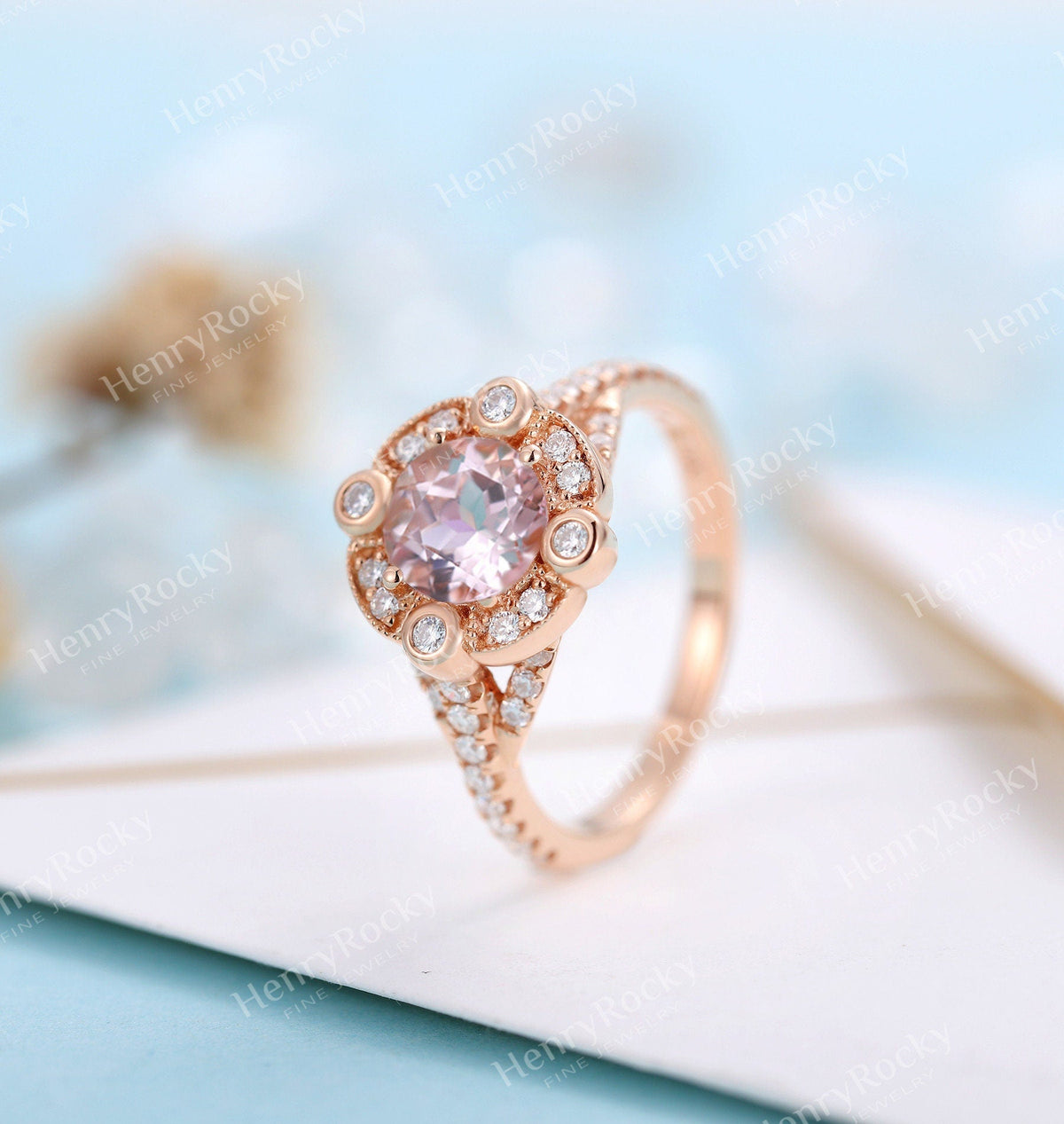 Art deco Aquamarine/Morganite Engagement Ring Rose gold Women | Unique Halo Milgrain Bridal jewelry | Promise Ring Anniversary gifts for her