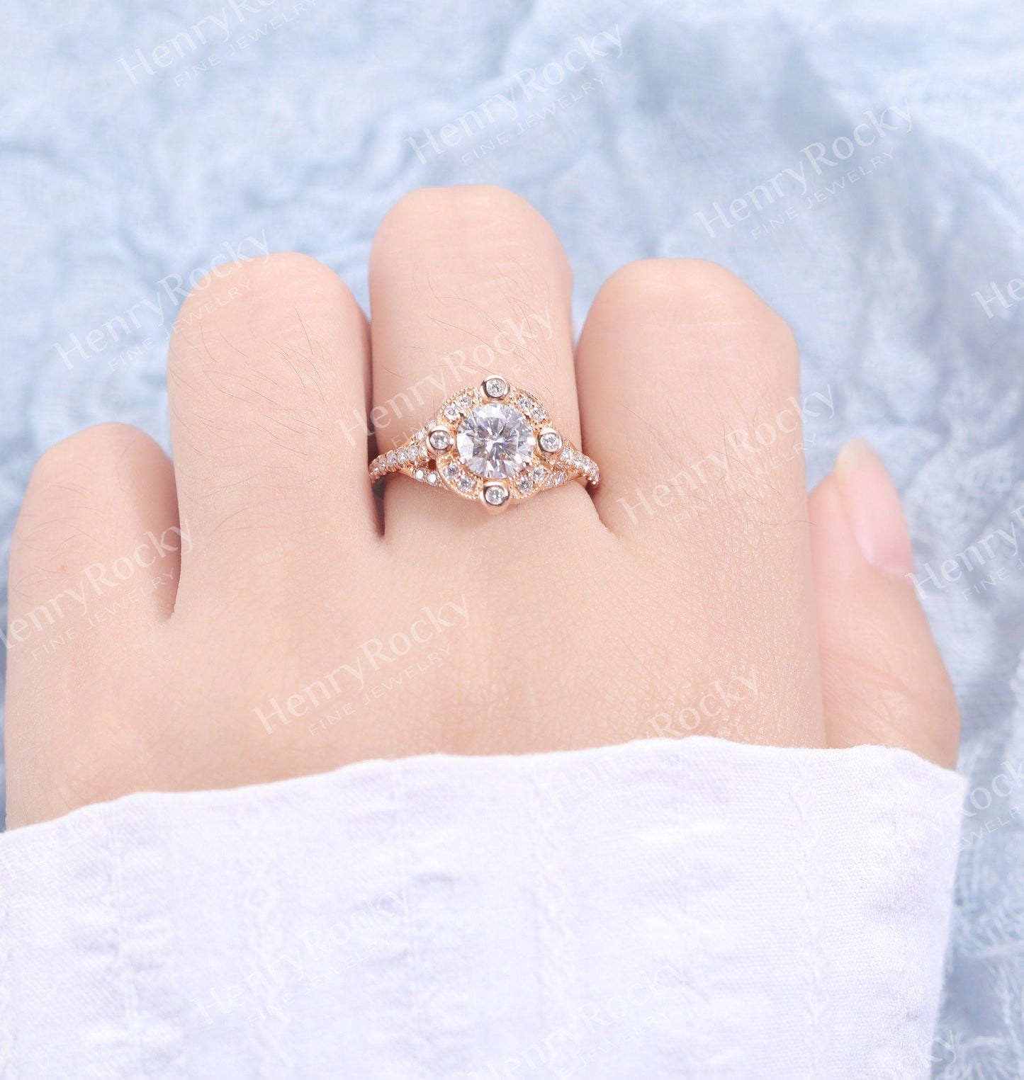 Art deco Moissanite Engagement Ring Rose gold Women | Unique Halo Milgrain round cut Bridal jewelry | Promise Ring Anniversary gifts for her