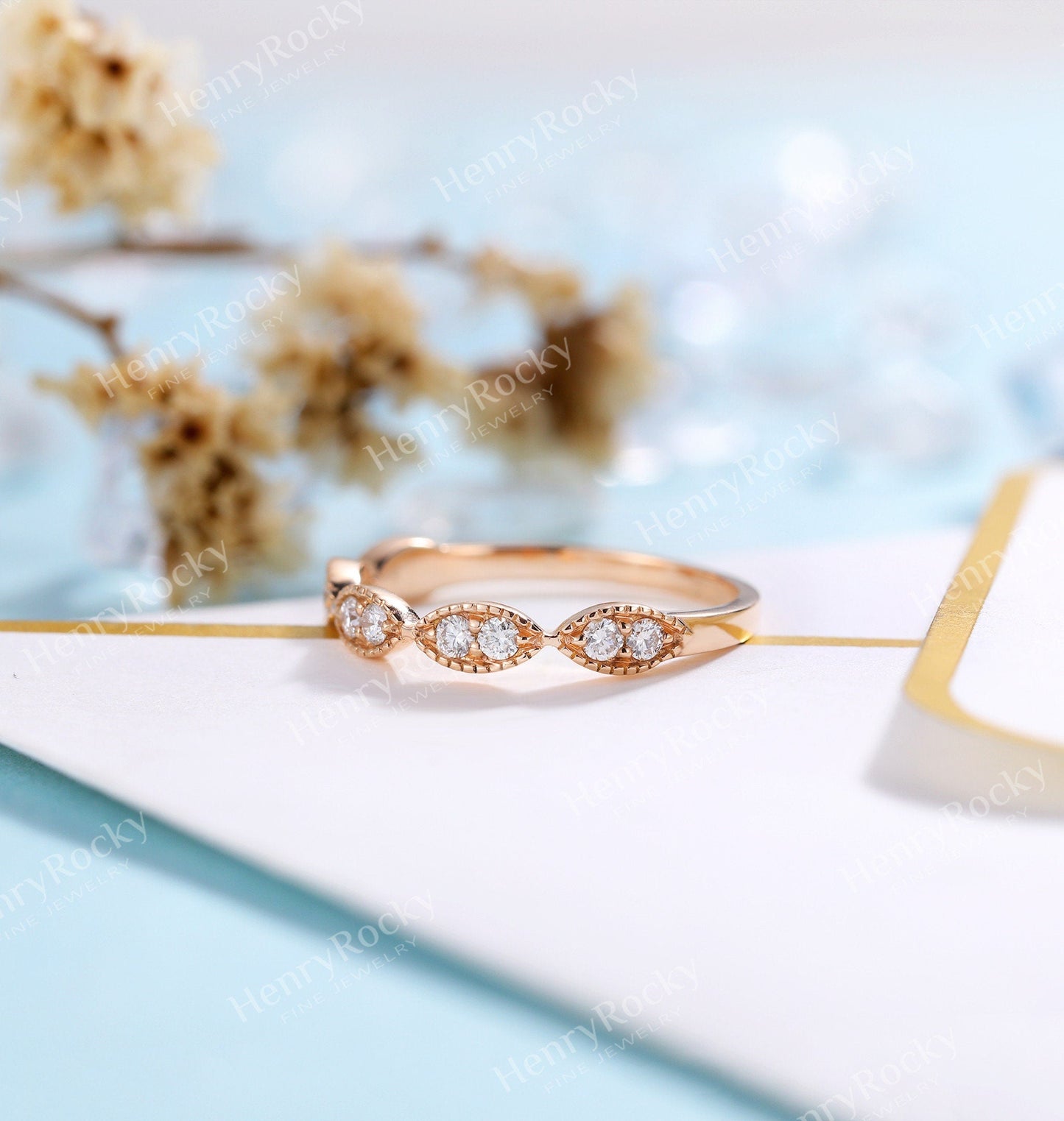 Diamond/Moissanite rose gold wedding band women | vintage milgrain stacking matching bridal jewelry | promise ring anniversary gift for her