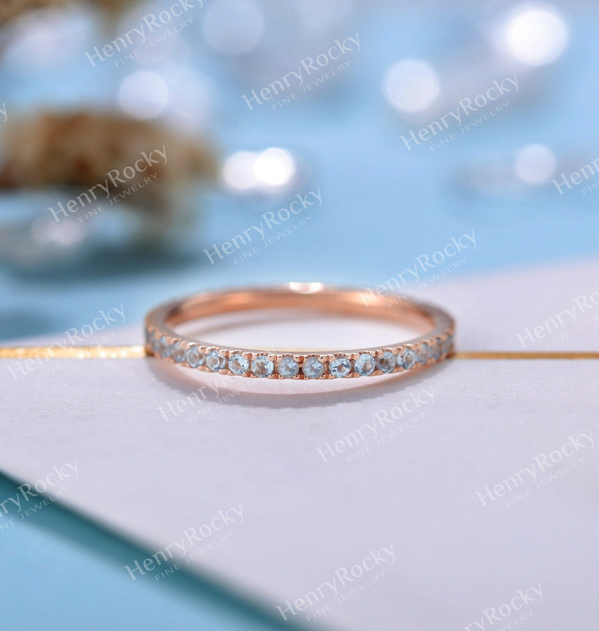 Vintage Aquamarine Wedding Band | Art deco eternity Band stacking Rose gold Band | Unique ring matching Band Bridal ring | Anniversary ring
