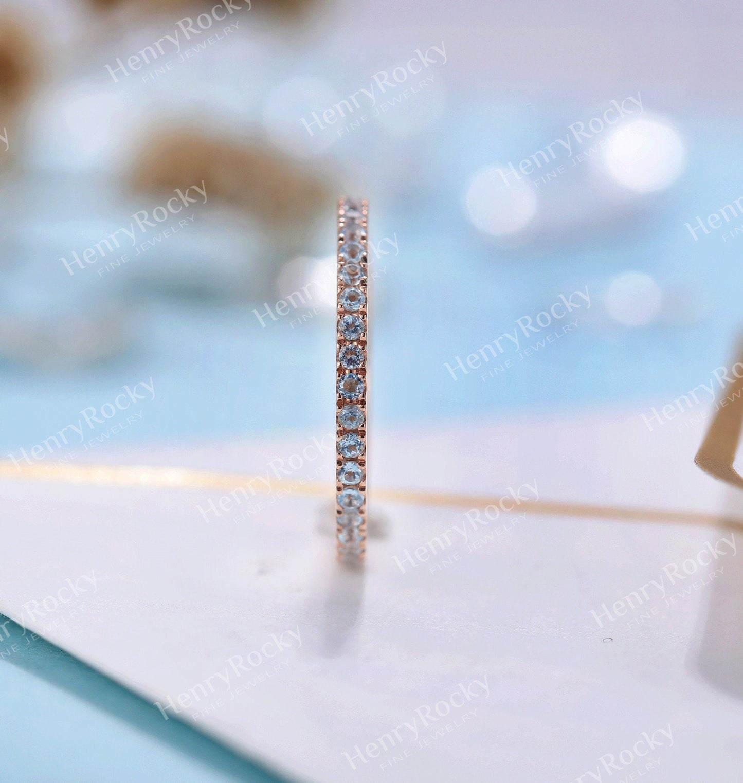 Vintage Aquamarine Wedding Band | Art deco eternity Band stacking Rose gold Band | Unique ring matching Band Bridal ring | Anniversary ring