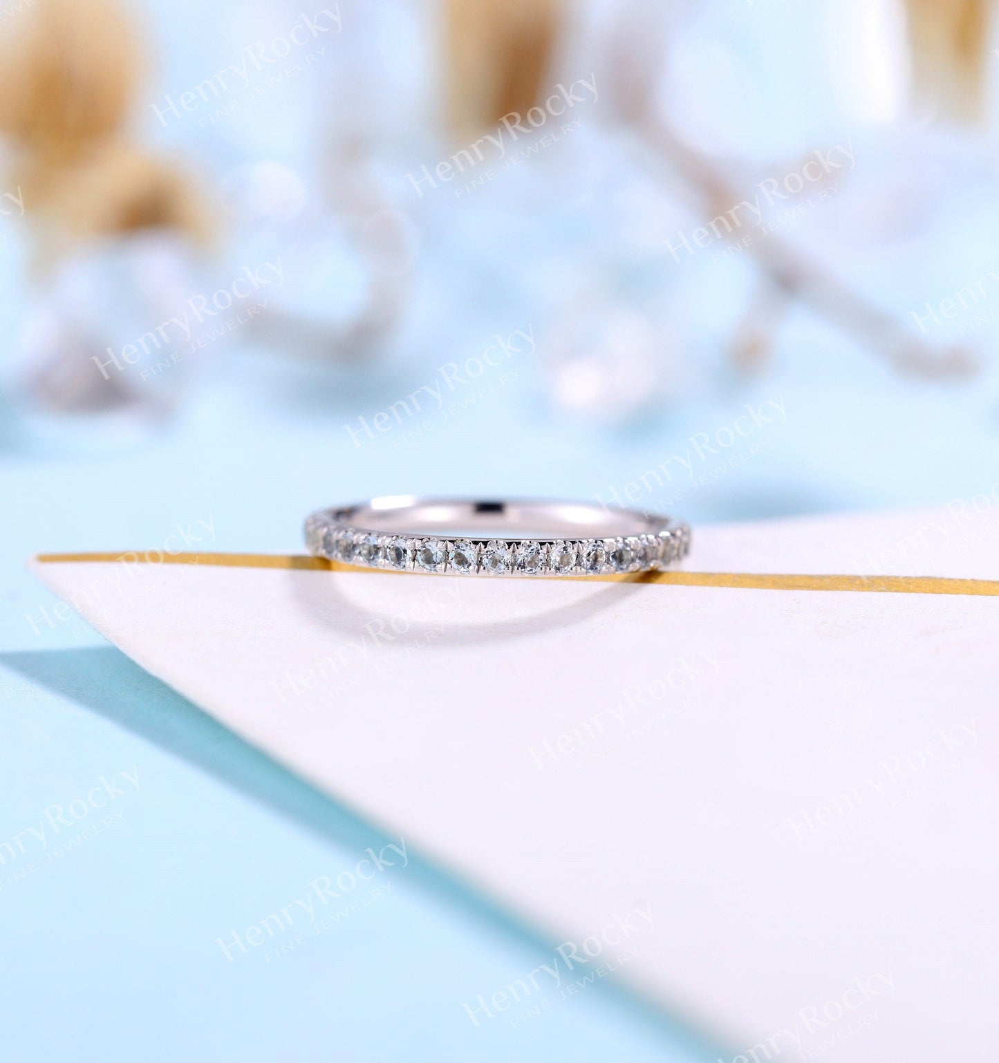 Vintage Aquamarine Wedding Band | Art deco eternity Band stacking Rose gold Band | Unique ring matching Band Bridal ring | Anniversary ring