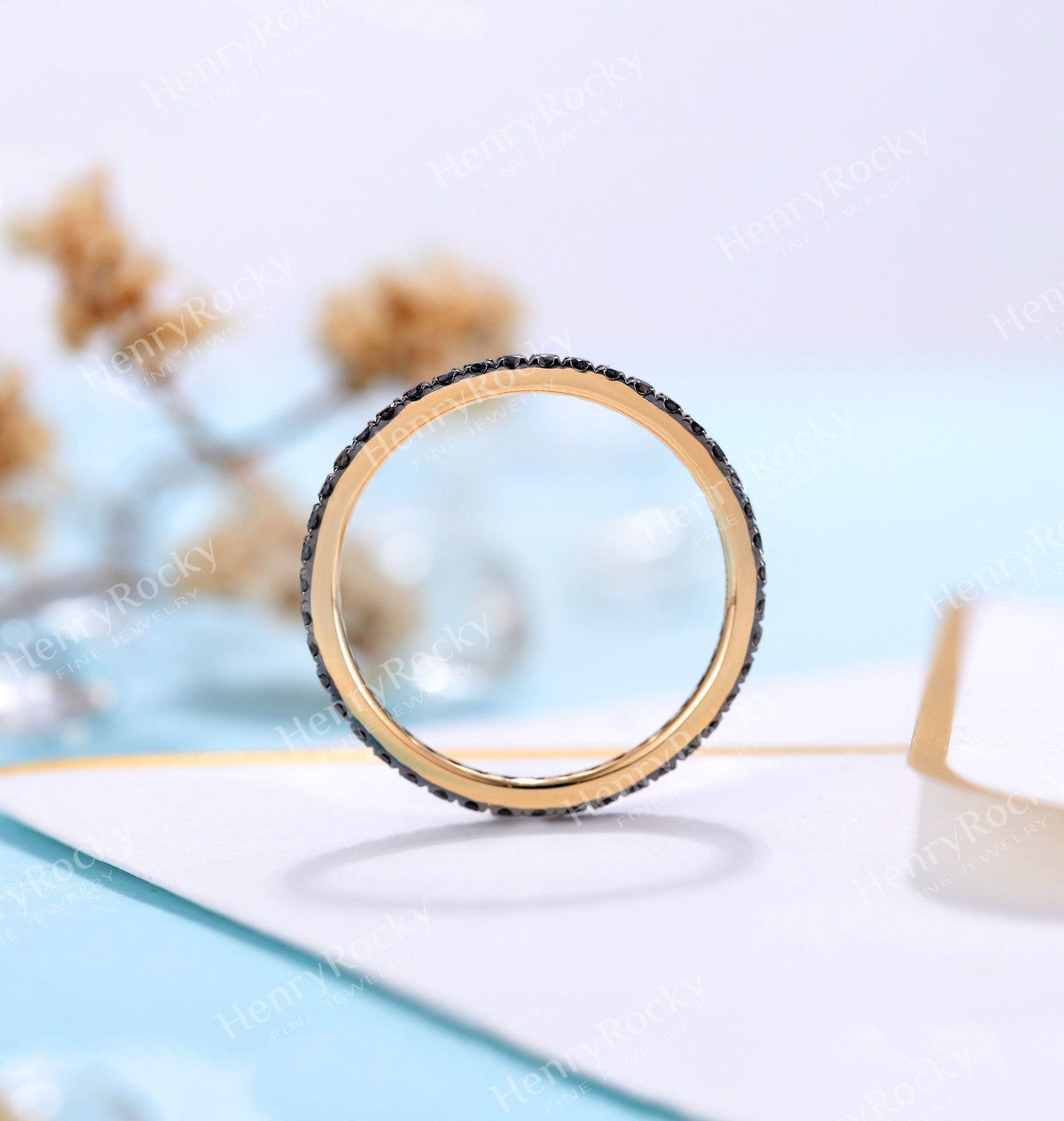 Art deco Black Diamond Wedding Band Women | yellow gold band | eternity Bridal Jewelry | Vintage promise Anniversary Gift for her