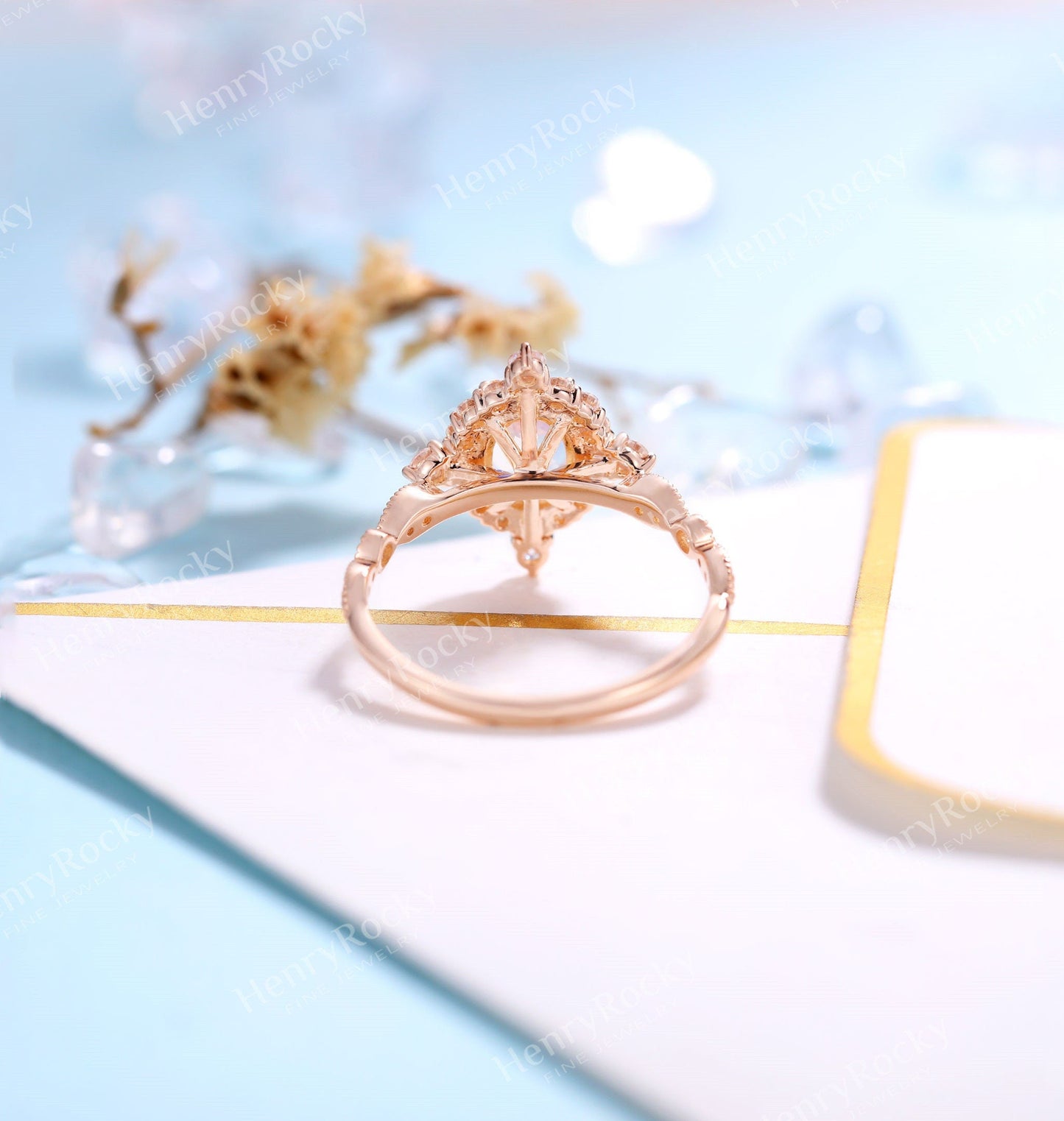 Moonstone engagement ring rose gold women | Vintage Halo wedding ring |  Art deco Moissanite jewelry Bridal ring | Anniversary gift for her