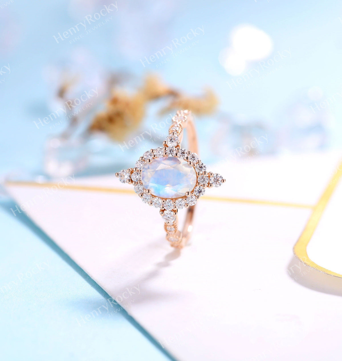 Moonstone engagement ring rose gold women | Vintage Halo wedding ring |  Art deco Moissanite jewelry Bridal ring | Anniversary gift for her